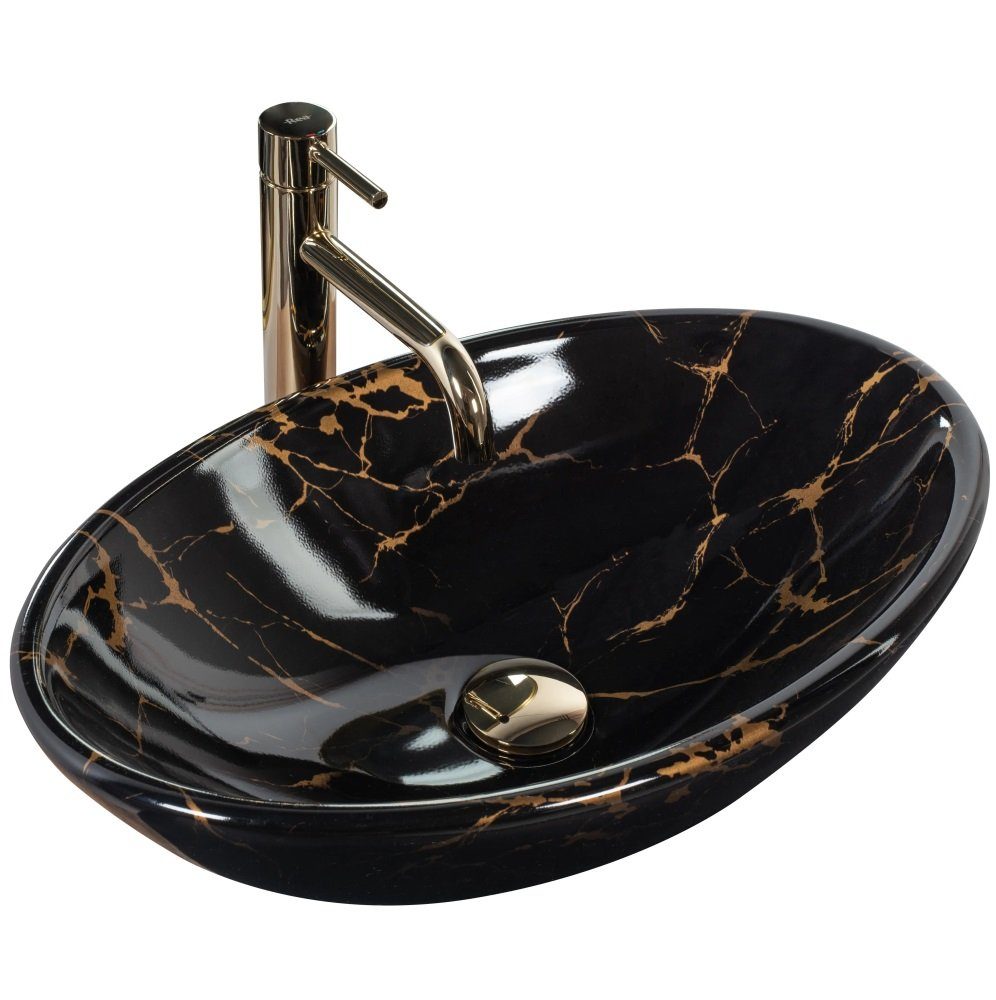 wohnwerk.idee Aufsatzwaschbecken Waschbecken Pamela Black Marble Shiny Marmoroptik 53x33cm