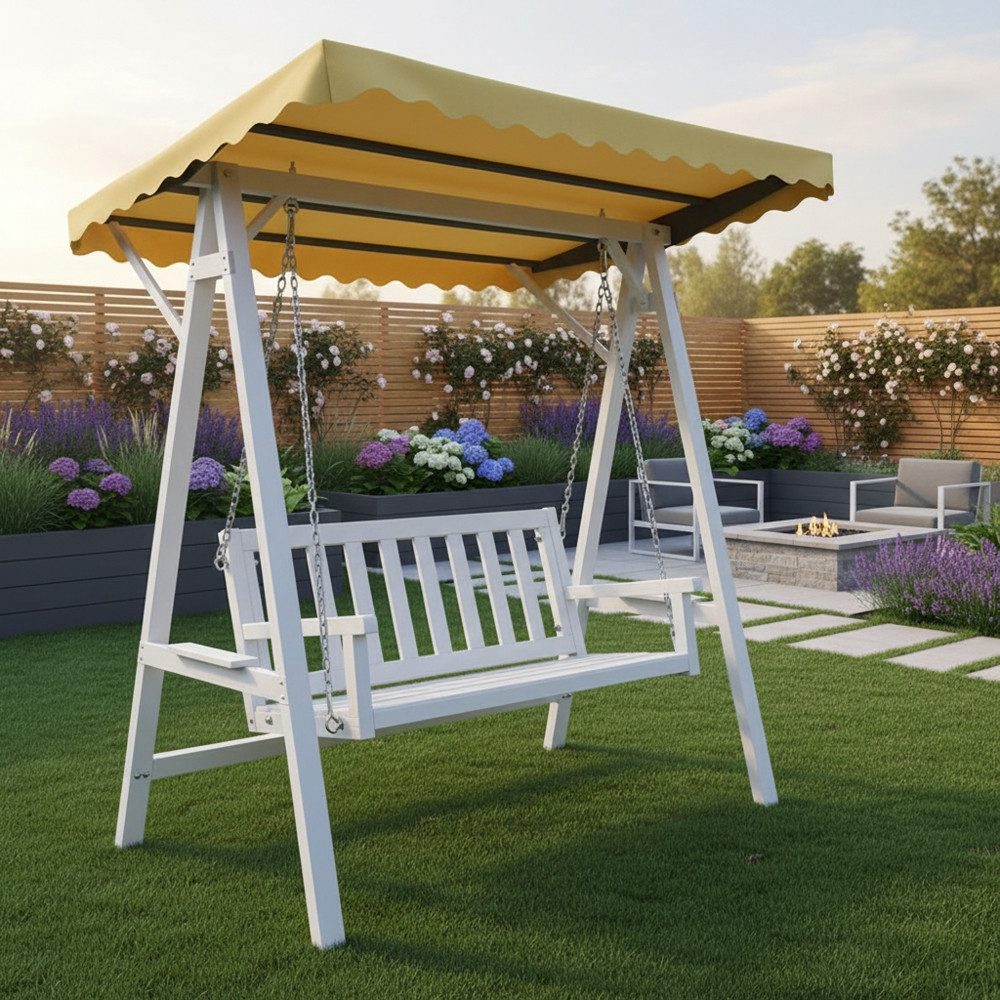 Feel2Home Hollywoodschaukel Hollywoodschaukel Weiß/Grau Gartenbank Outdoor Hängeliege Sonnendach, 3-Sitzer, Schaukel, Premium-Hollywoodschaukel, Stabile Kettenaufhängung