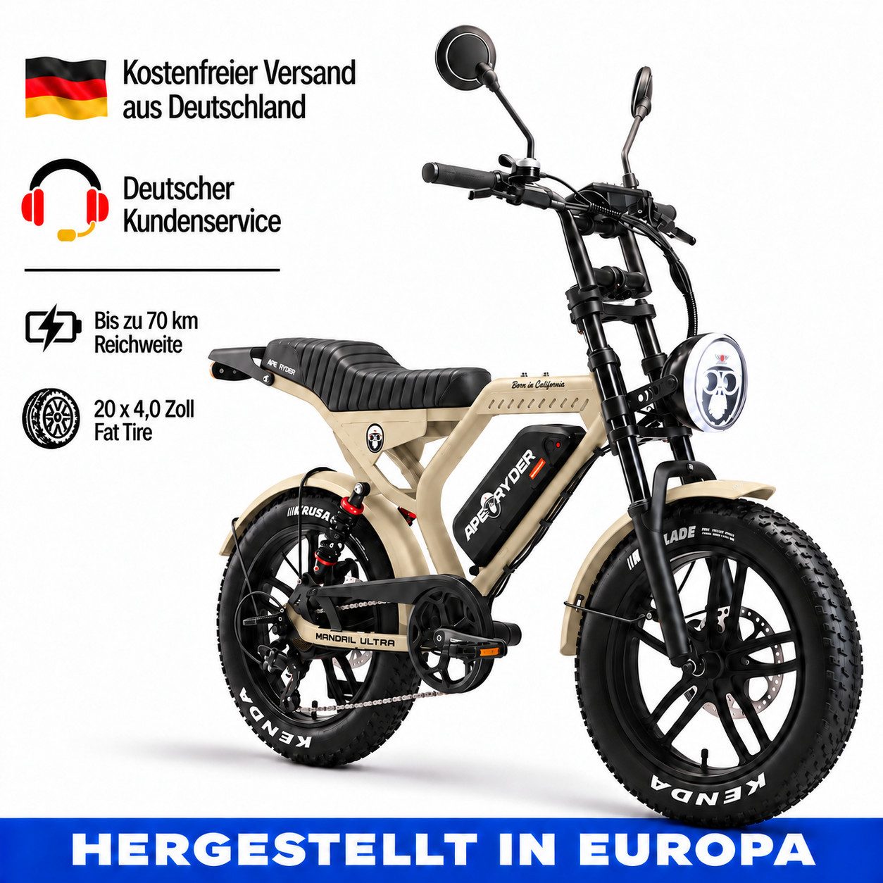 APE RYDER E-Bike Mountainbike 20 Zoll Fatbike 48V 15Ah Akku, bis 80 km, Shimano 7-Gang, hydraulisch, 7 Gang, Heckmotor, 720 Wh, (Packung)