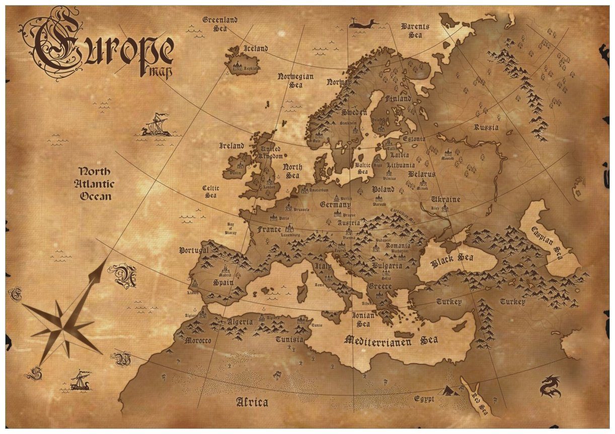 Ausführungen englisch, Europa verschiedenen Wandbild, Wallario von in in Weltkarte Karte Alte