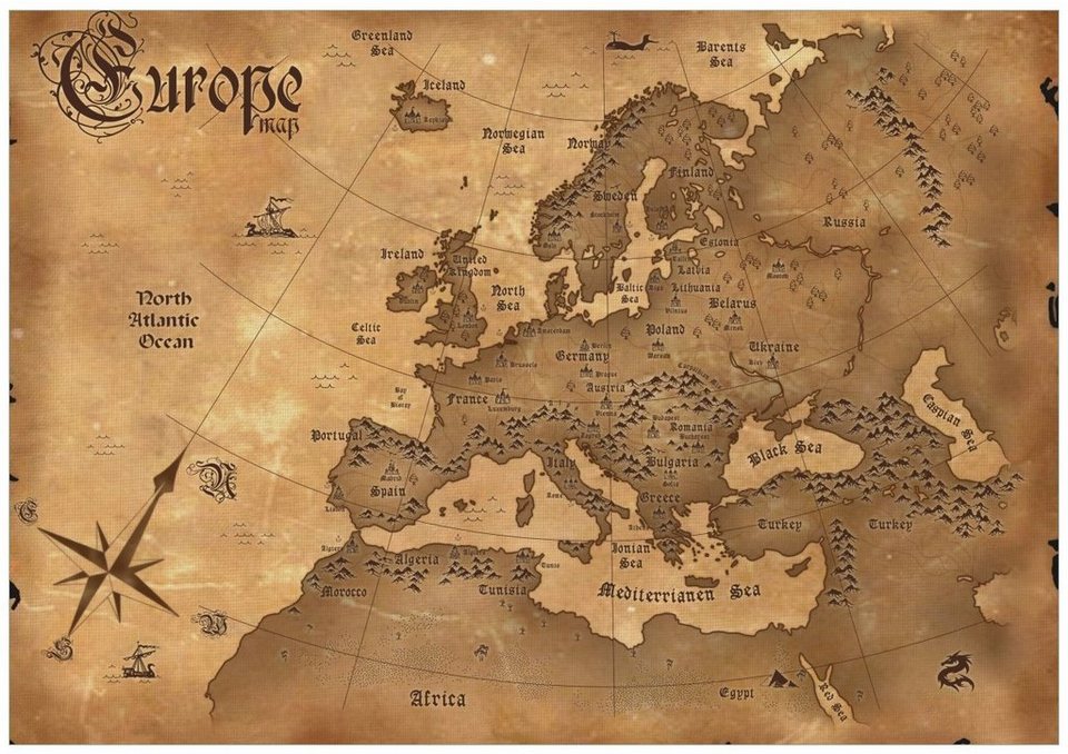 Wallario Wandbild, Alte Weltkarte Karte von Europa in englisch, in  verschiedenen Ausführungen