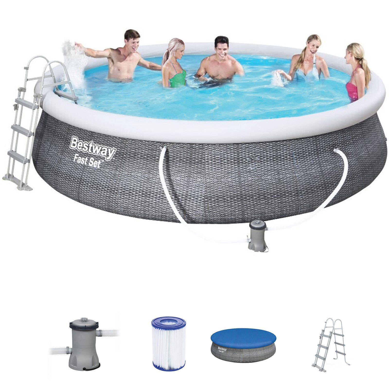 BESTWAY Pool 57372 Fast Set Pool Rund Rattan + Filter Leiter Cover 457x107cm