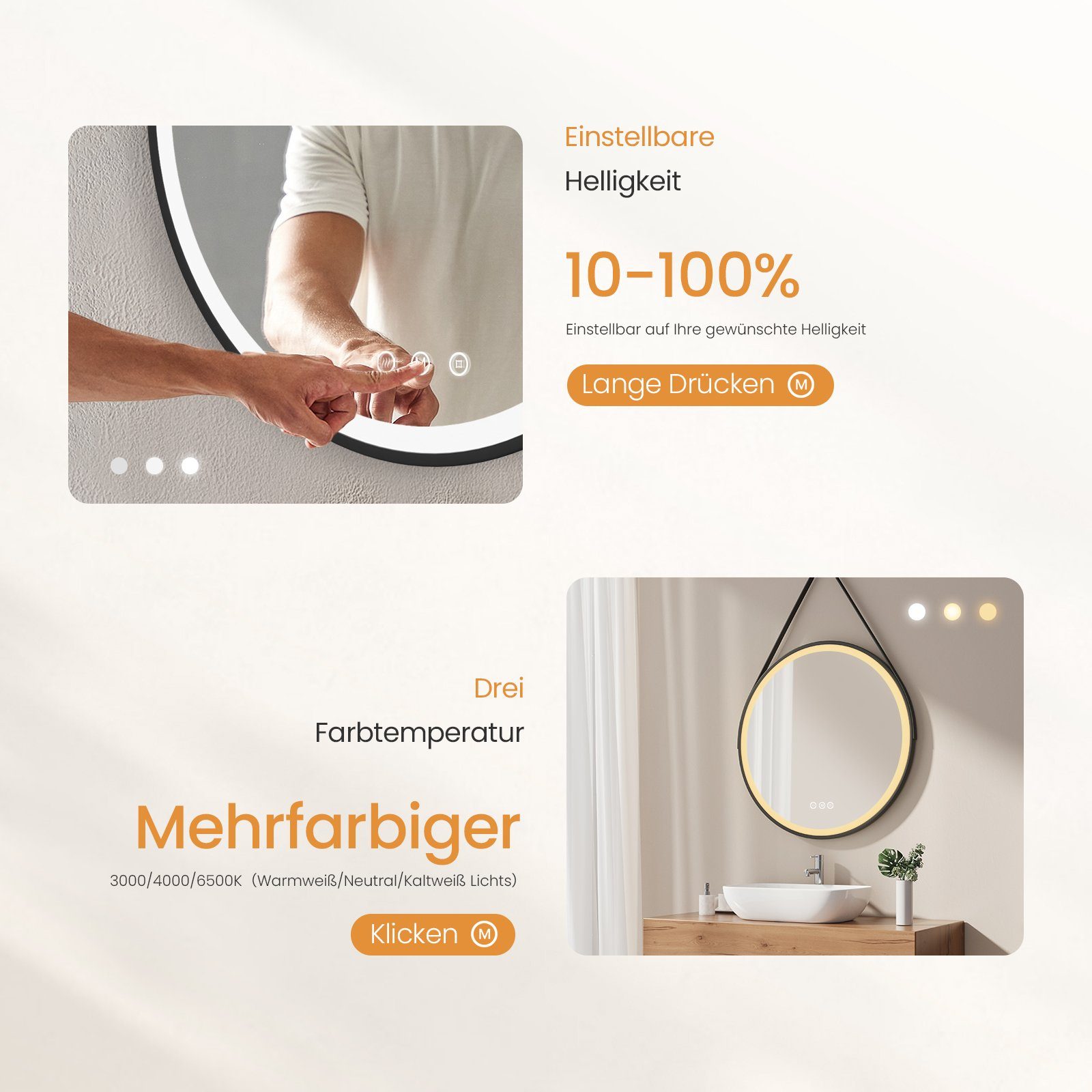 EMKE Badspiegel mit Beleuchtung Rund Badezimmerspiegel schwarzem Rahmen (50-80cm, Touchschalter), 3 Lichtfarben, dimmbar, Touch, Memory, mit Antibeschlag, IP44