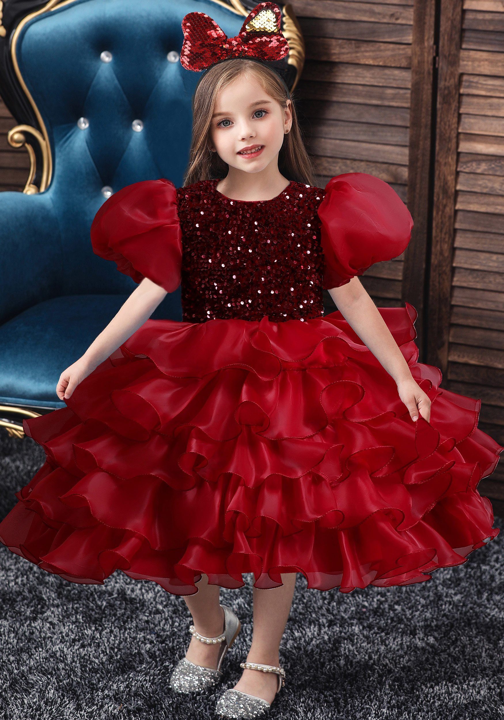 Daisred Abendkleid Mädchen Gestuftes Blumensmädchenkleid mit Haarband&Pailletten Rot