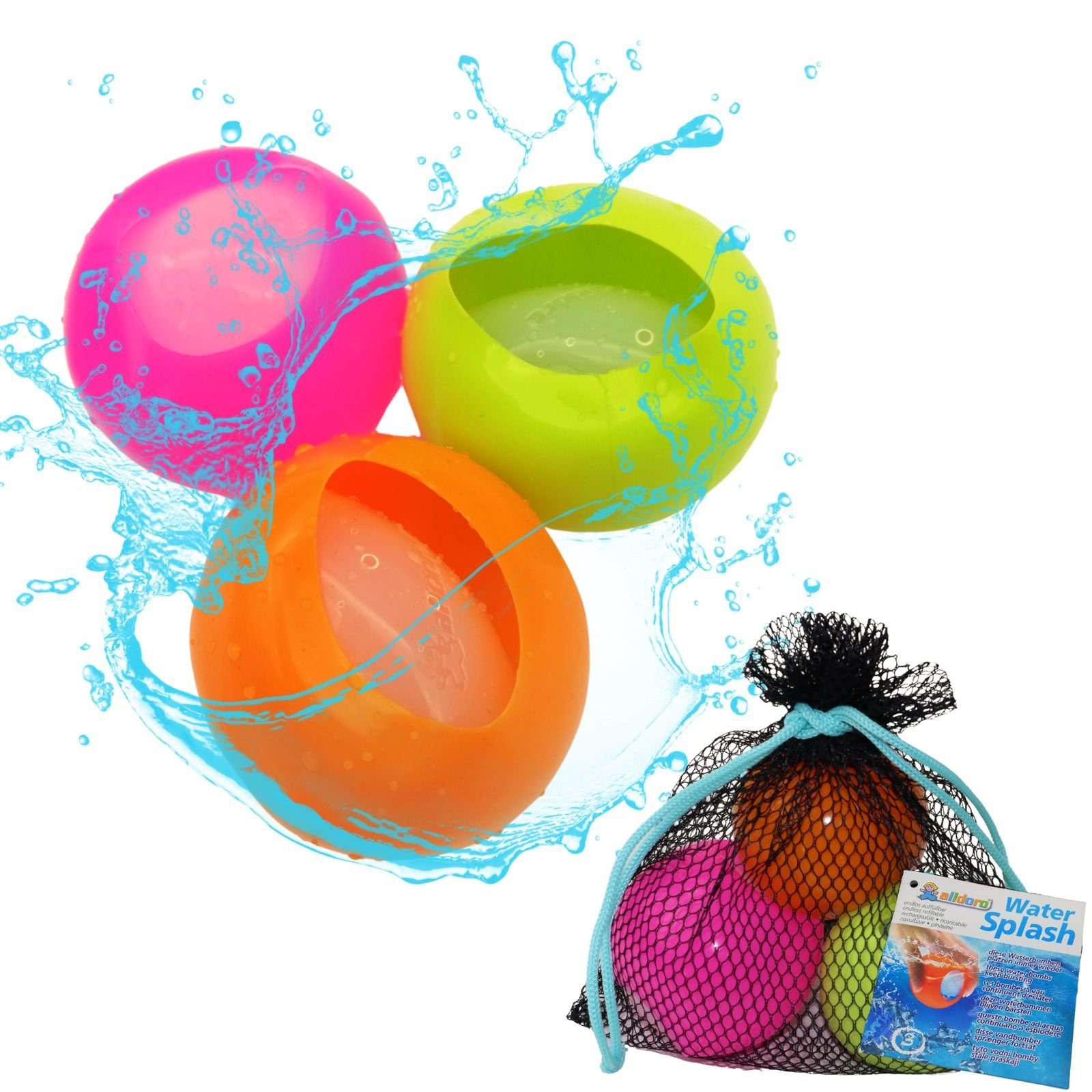 alldoro Wasserbombe 63037, Water Splash, wiederverwendbar, 3er Set in pink, grün und orange