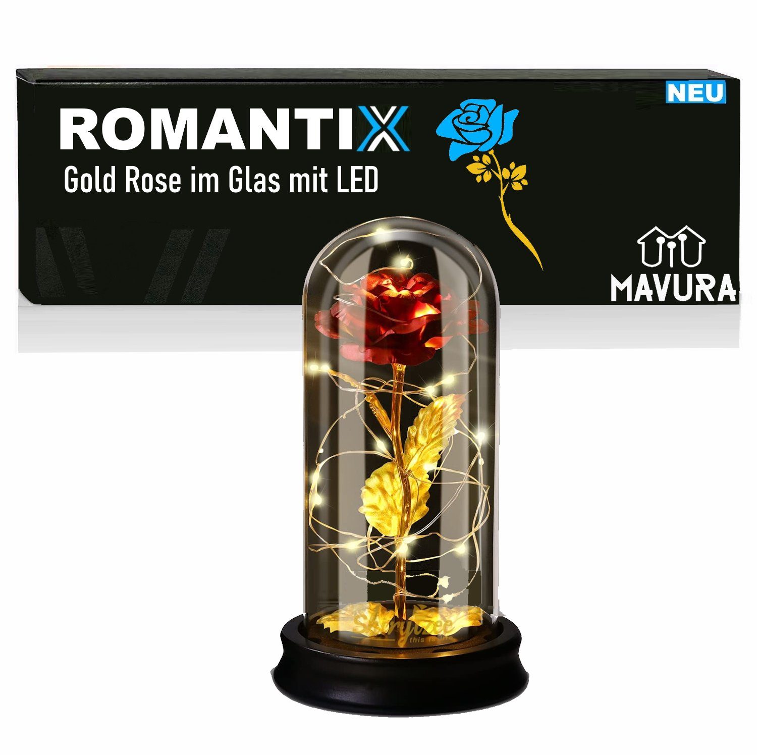 Kunstblume ROMANTIX Ewige Rose im Glas - LED Goldrose - goldene Rose mit Licht, MAVURA, Geschenk Valentinstag Muttertag Romantik Liebe Hochzeit