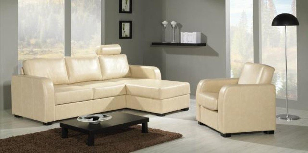 Ecksofa Moderne Polstercouch aus Leder und Textil in Beige mit Edelstahlfüßen