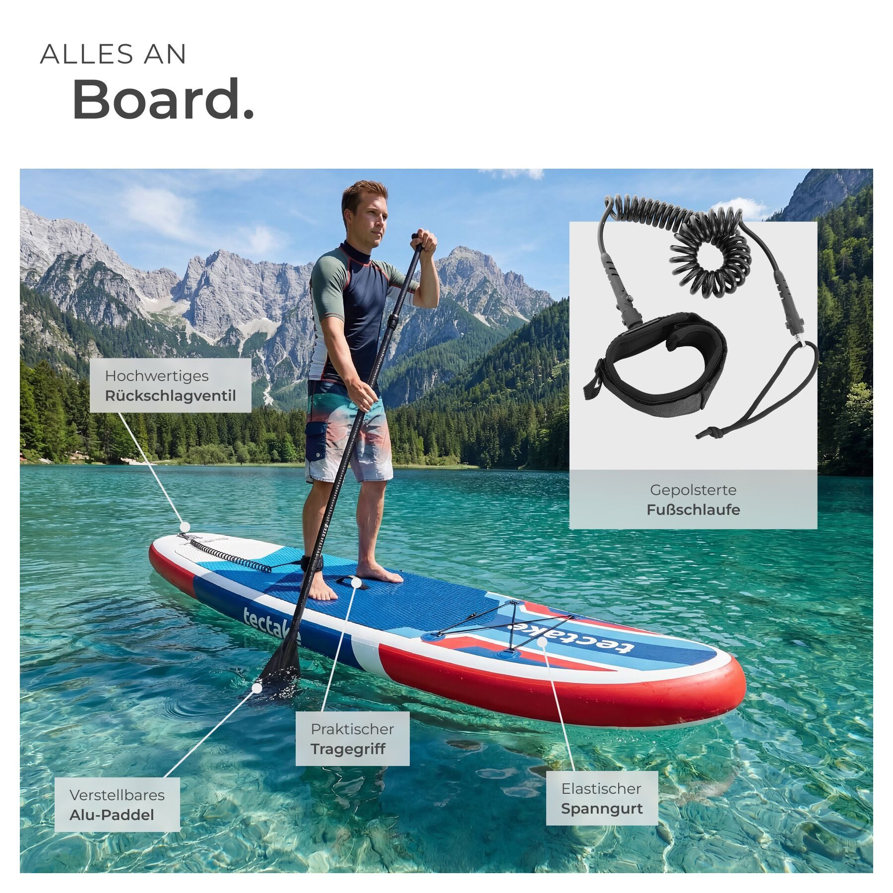 tectake SUP-Board Stand-Up Paddle Board 2in1, Belastbarkeit 200 kg, 288 x 77 x 22,5 cm, Stand-up Paddle, (Komplettset mit Rucksack, rot/blau), aufblasbar, stabil, leicht und rutschfest