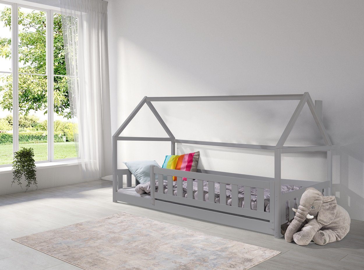 Deine Möbel 24 Hausbett Kinderbett Einzelbett Komplettbett ELLA Weiß Grau (80x180 90x200 120x200 140x200, Einzelbett inkl. Lattenrost und Rausfallschutz (fest), Jugendbett aus Massivholz Vollholz Kiefernholz, Matratze optional