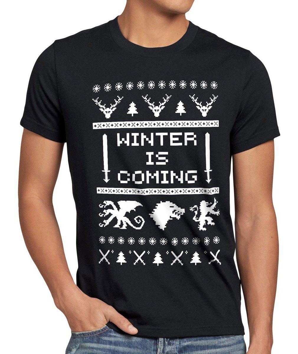 style3 Print-Shirt Herren T-Shirt 8-Bit Winter is coming thrones stark lennister of got schnee game schwarz