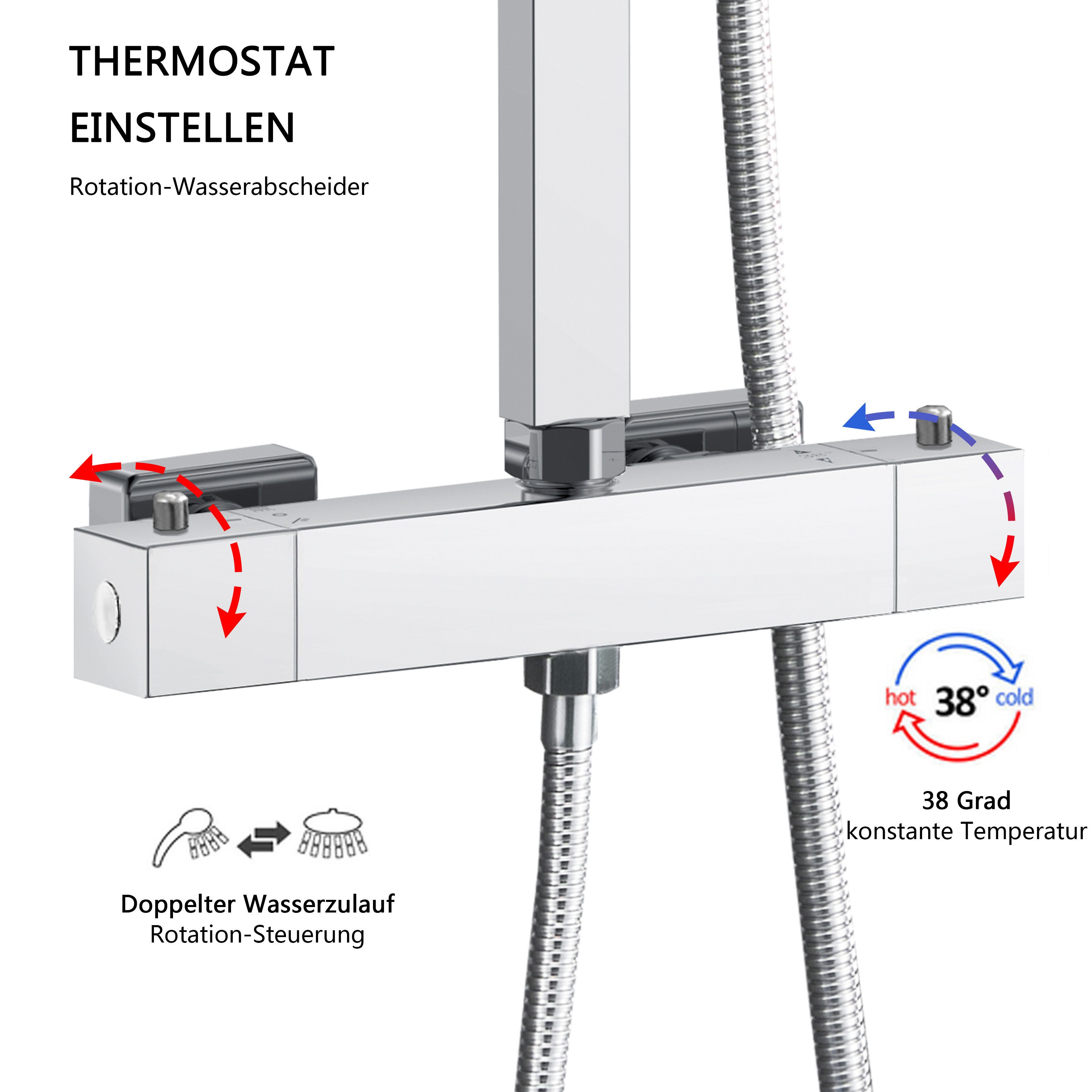 duschspa Duschsystem 20x20cm eckig Regenduschset mit Kopfbrause, Wandmontage mit Thermostat Regendusche Chrom/Schwarz Quadratisch