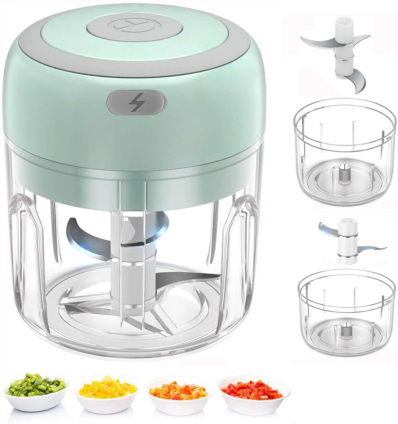 home trends Zwiebelhacker Elektrischer Mini Zerkleinerer 250ml + 100ml, 2 Behälter, 5 W, Wiederaufladbarer Mixer für Knoblauch, Zwiebeln, Kräuter & Gemüse