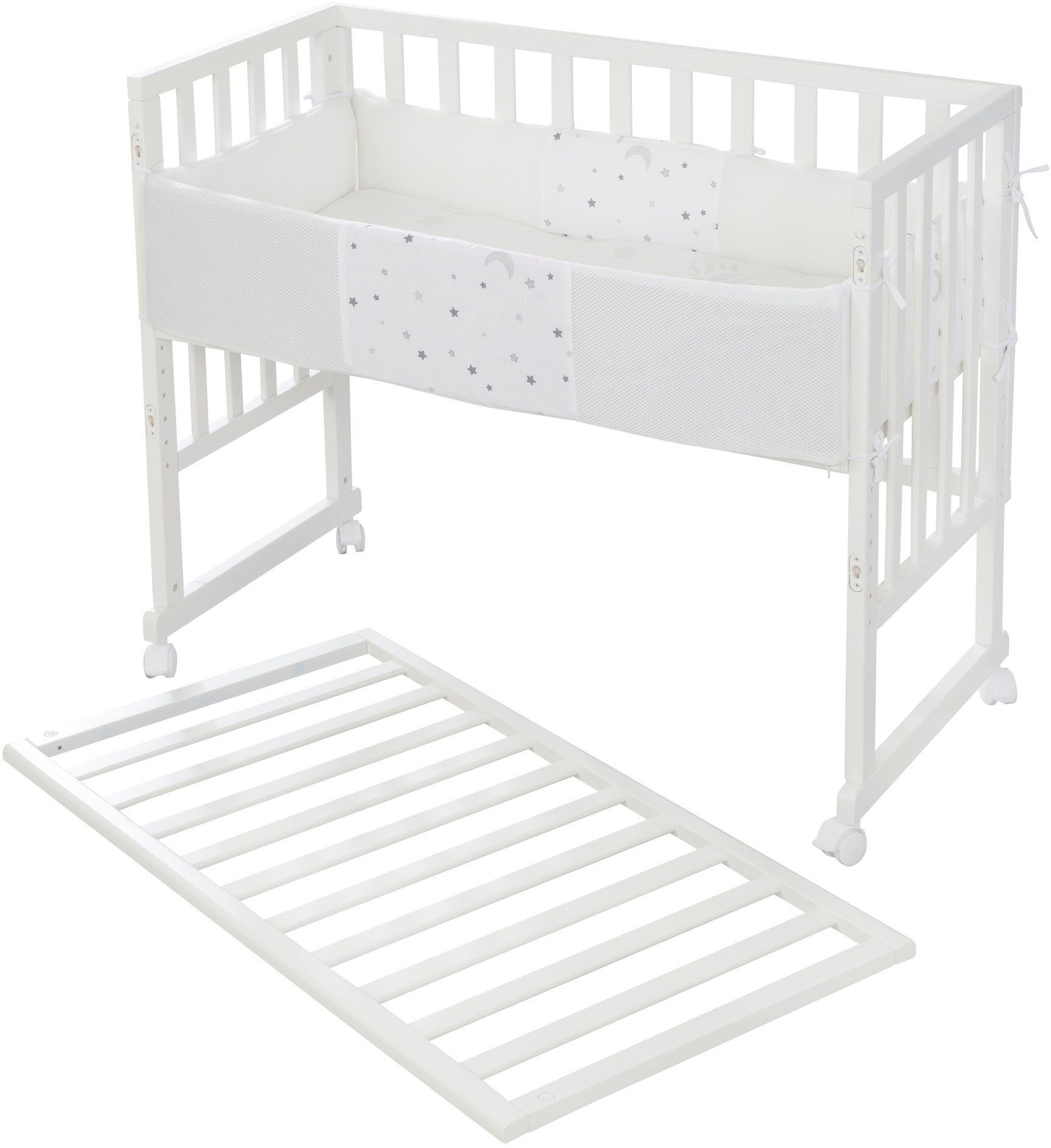 roba® Stubenbett Safe Asleep® 2in1, weiß, Sternenzauber grau, mit 4 Rollen, Matratze, Nestchen und Sicherheitsbarriere