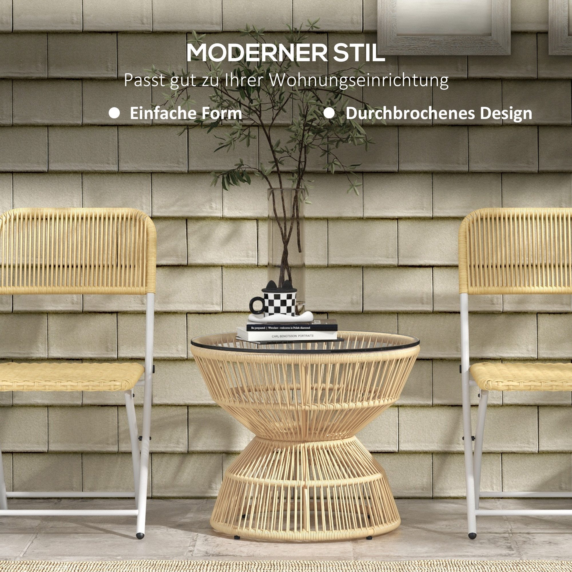 CHICFURN Gartentisch Beistelltisch Rattan Ø60 cm Couchtisch (Packung, 1-St., Mit Hartglas Tischplatte im Boho-Design), Kaffeetisch aus Naturholz