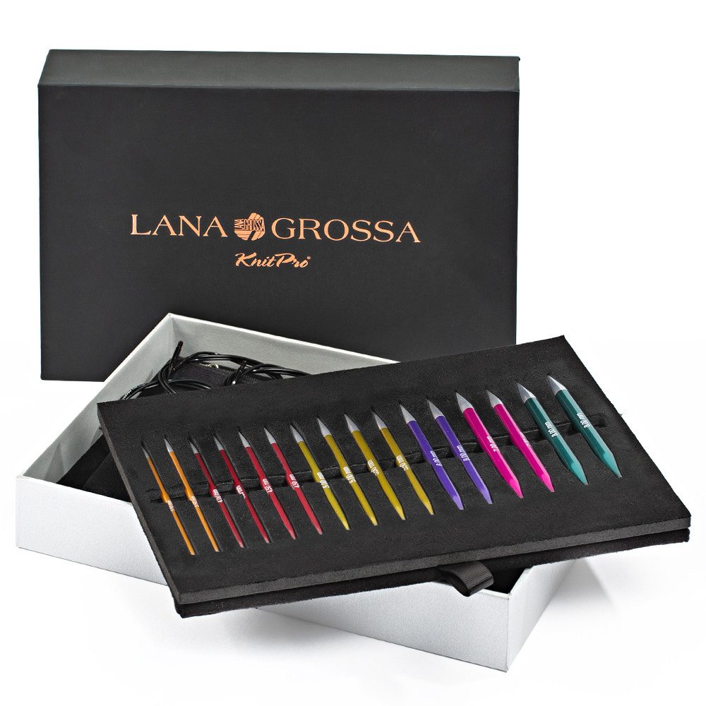 LANA GROSSA Rundstricknadeln Rundstricknadel Set Aluminium Rainbow mit Nadelspitzen 3,5 - 8,0 mm, Stricknadelset mit acht Nadelspitzenpaaren aus Aluminium 3,5 - 8,0 mm, Rundstricknadel-Set, Aluminium, austauschbare Spitzen, Schraubsystem