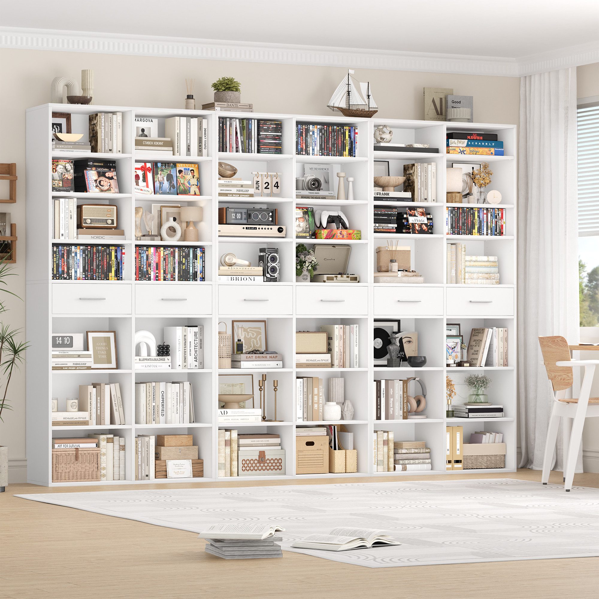 HOMECHO Bücherregal, 185,5 cm hoch Standregal mit 8 Ebenen und 2 Schubladen