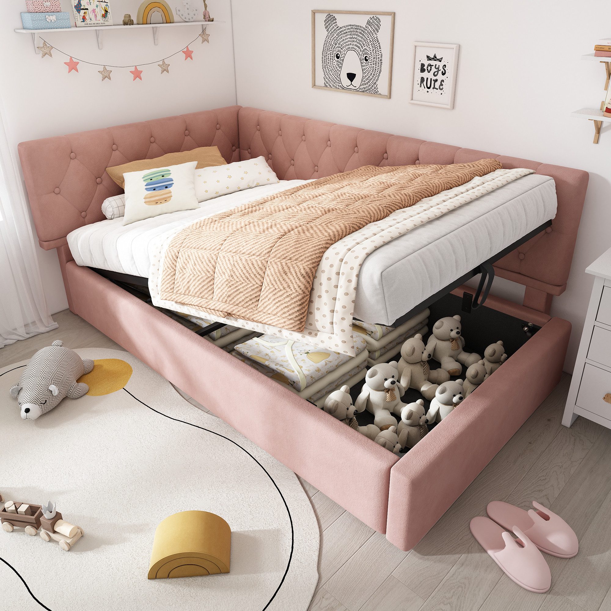 Merax Daybett 90x200cm Tagesbett mit hydraulischem Stauraum (100×206×77cm(BxLxH), 1 tlg), Schlafsofa Kinderbett Jugendbett Polsterbett in L-Form, Samtstoff