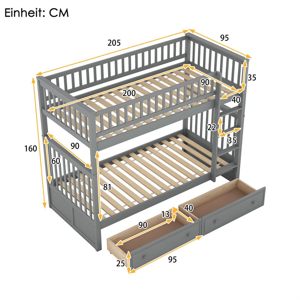 Kiefer autolock Doppel Cabrio-Betten,Etagenbett Etagenbett(90x200cm)Kinderbetten,Funktionelle Grau Hochbett Betten mit aus Schubladen(ETA:9.5)Rahmen