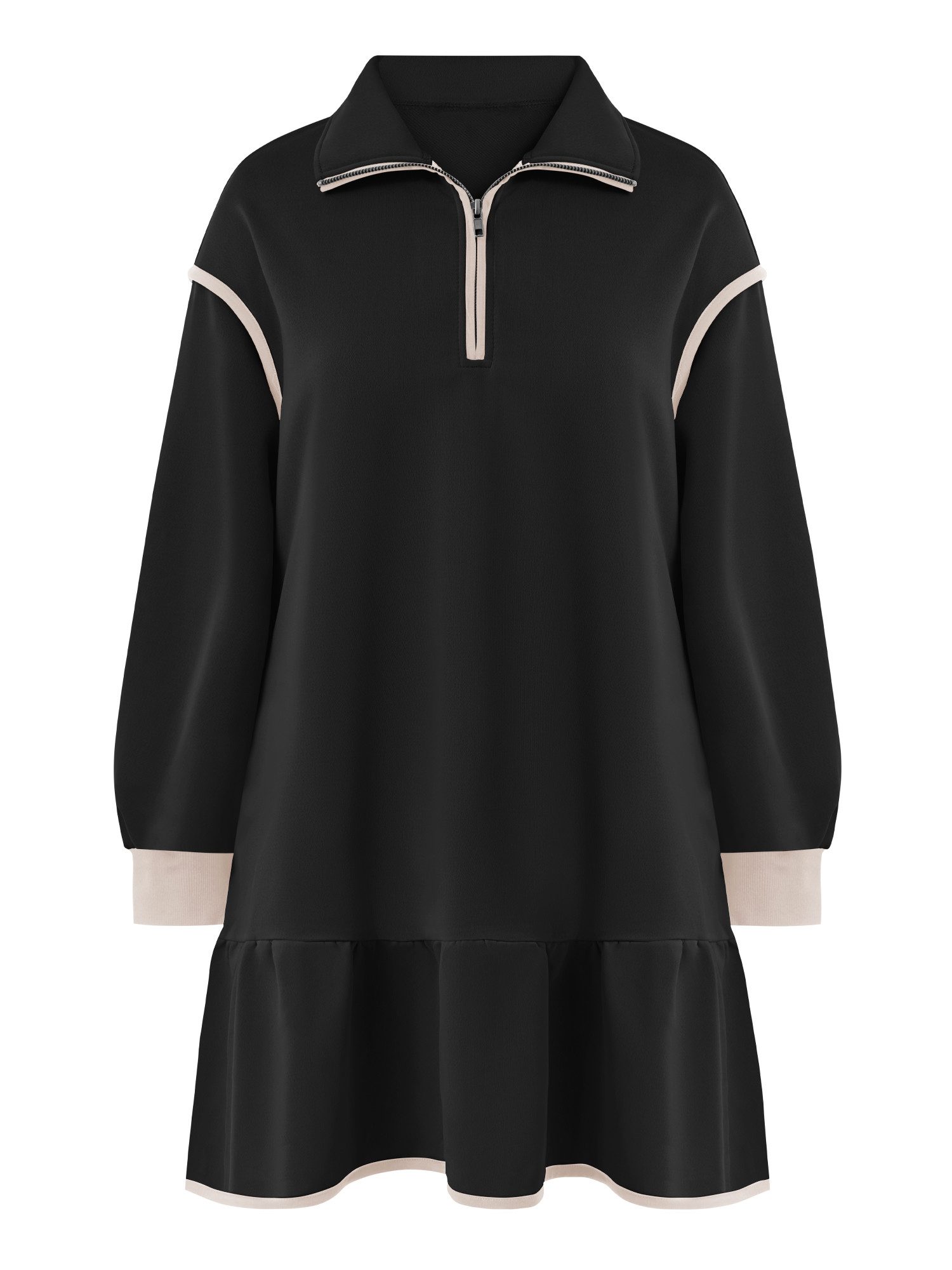 Imily Bela Minikleid Damen Langarm Casual mit Halb-Reißverschluss Kontrastnähten (Packung, 1-tlg., 1per-Pack) mit Ballonärmel Rüschensaum – Bild 5 von 5