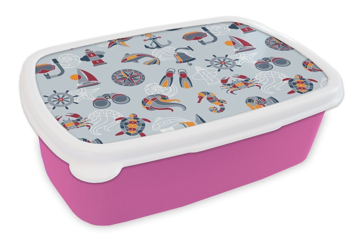 MuchoWow Lunchbox Meer - Tiere - Muster - Kinder - Marine, Kunststoff, (2-tlg), Brotbox für Erwachsene, Brotdose Kinder, Snackbox, Mädchen, Kunststoff rosa