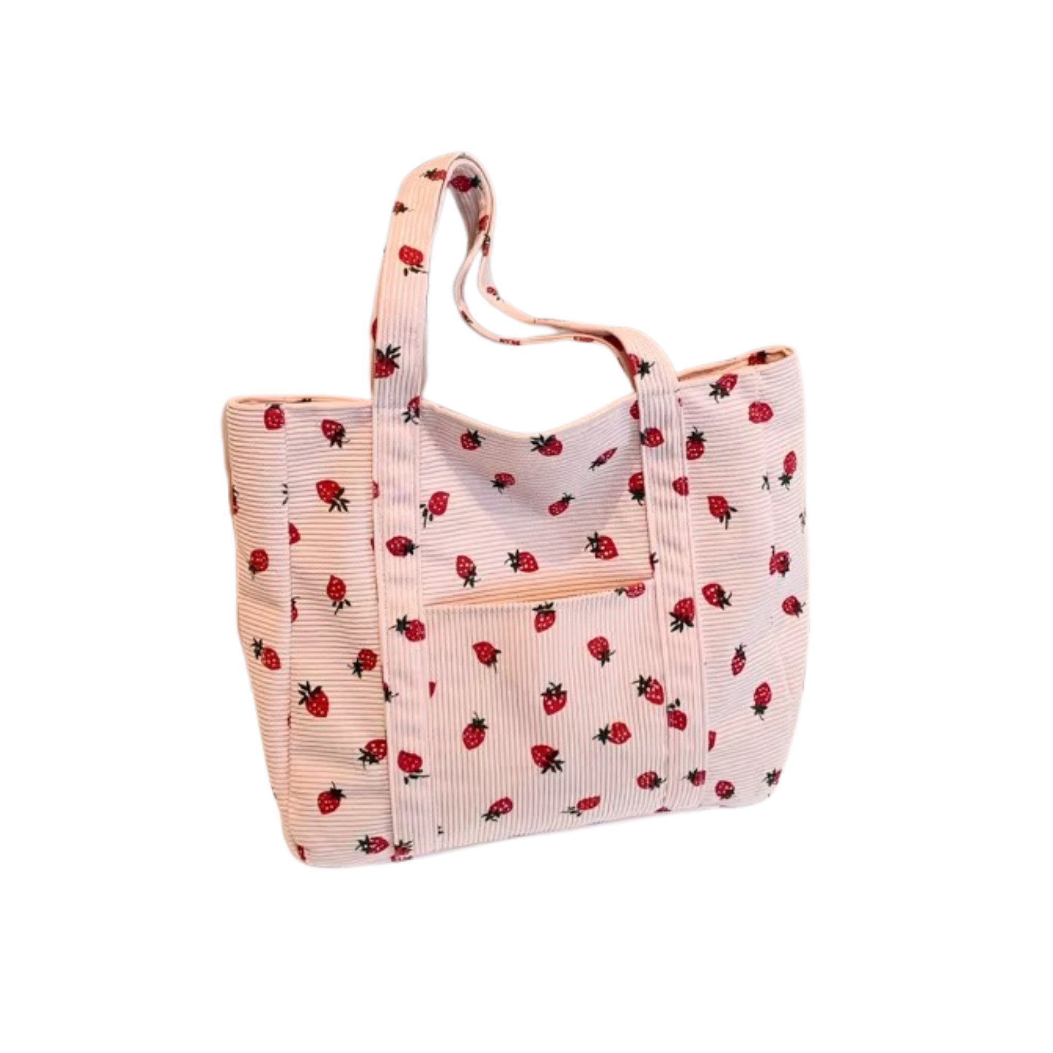 NEXORA Umhängetasche Cord Schultertasche Damen mit Erdbeer-Print Shopper mit Reißverschluss, Schultertasche, Cordtasche, Shopper, Reißverschluss