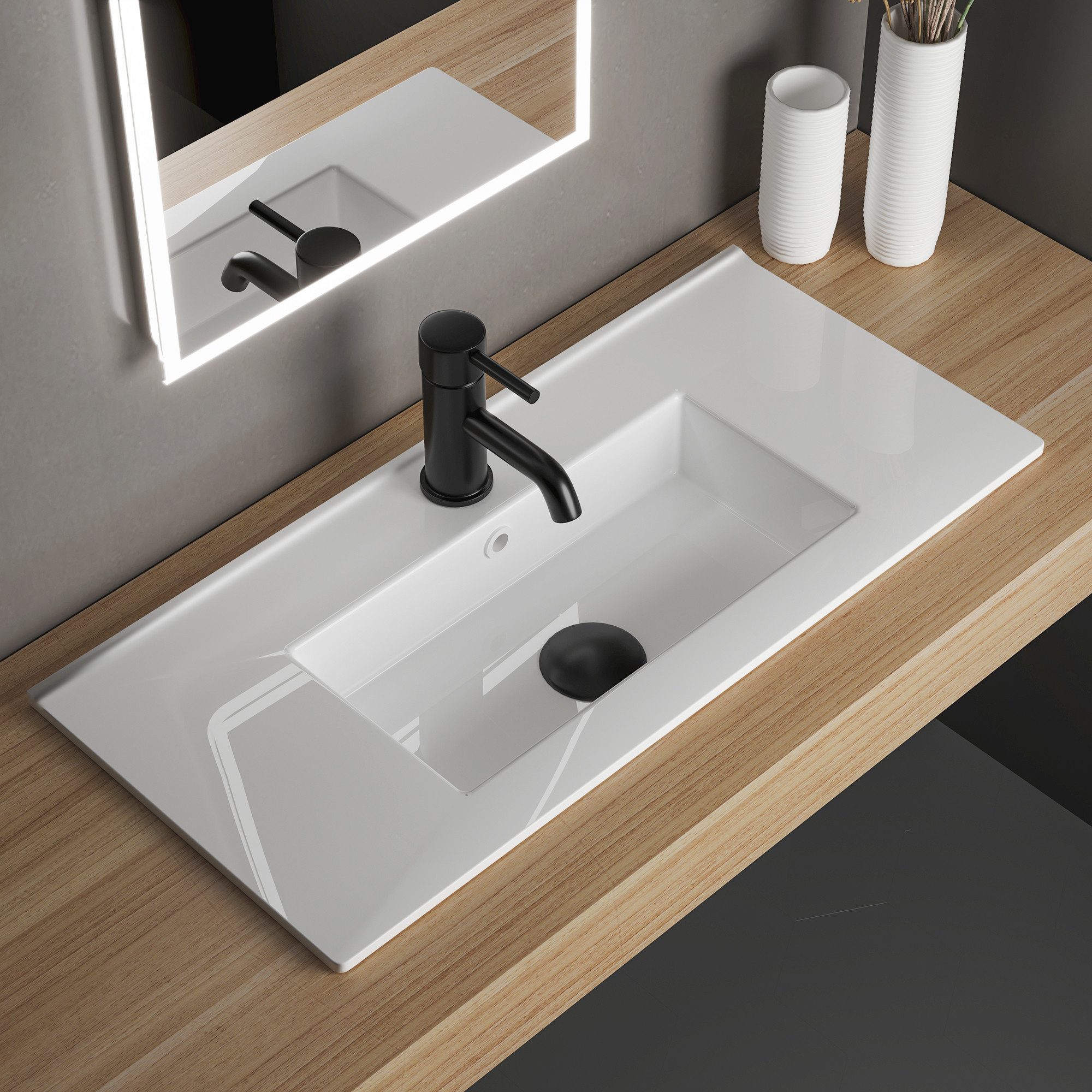 Alpenberger Waschbecken Einbauwaschbecken, Waschtisch 80 cm Breit, Aufsatzwaschbecken mit Nano (1-tlg., Keramik Handwaschbecken Weiß), Hygienischer Waschtisch mit Überlauf und Hahnloch für Armatur