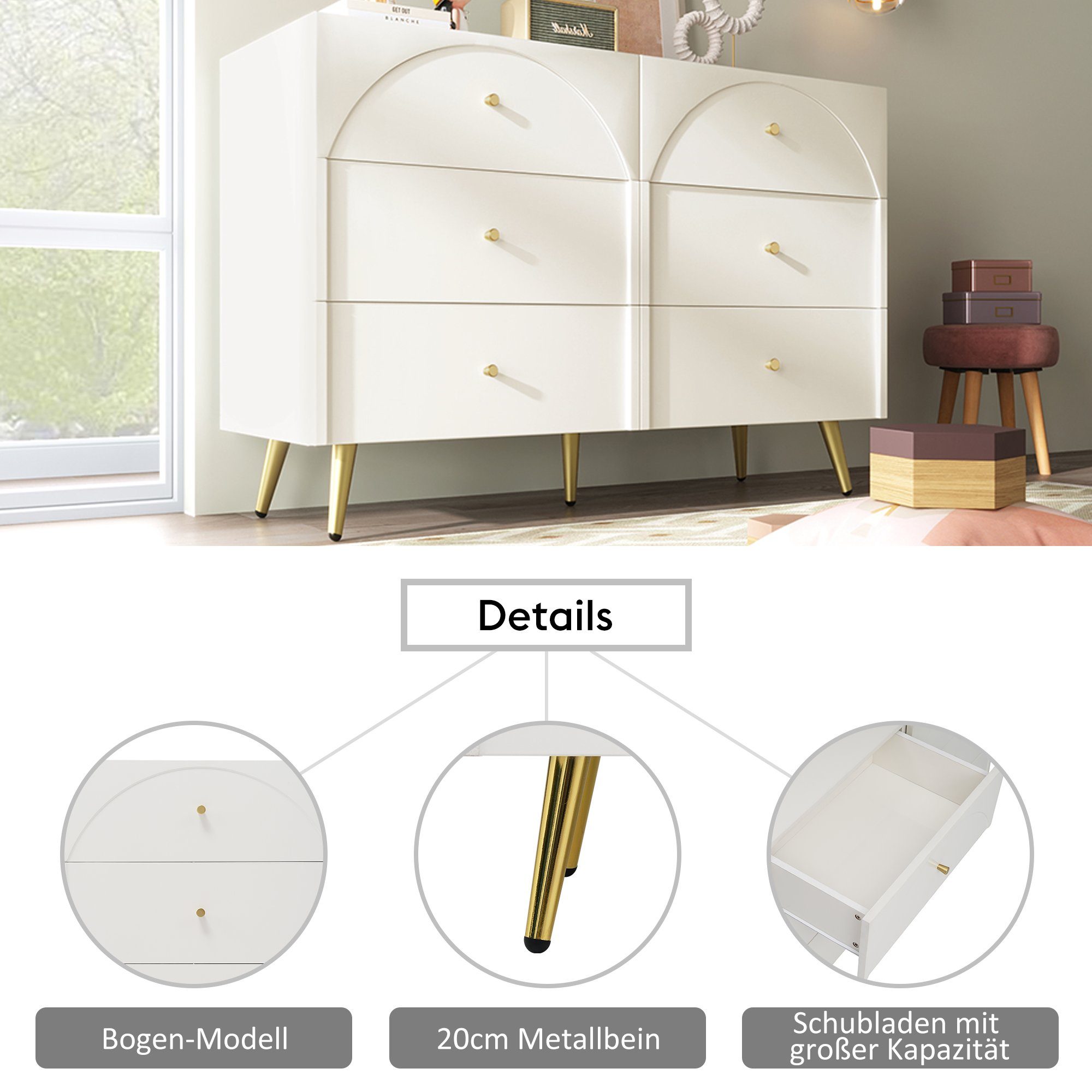 Flieks Kommode, Sideboard Schubladenkommode mit 6 Schubladen 120x40x85cm