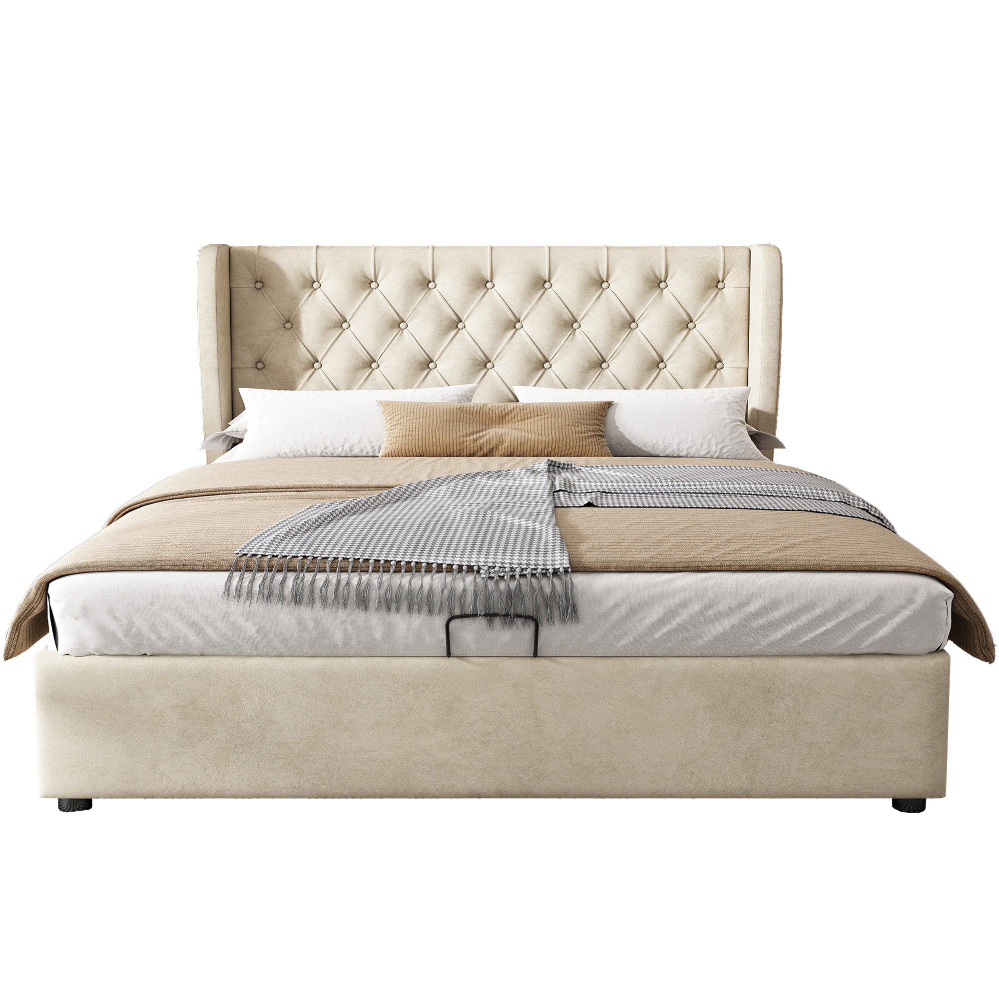 OKWISH Polsterbett Doppelbett Stauraumbett, Kiefernholz Flanell günstig online kaufen