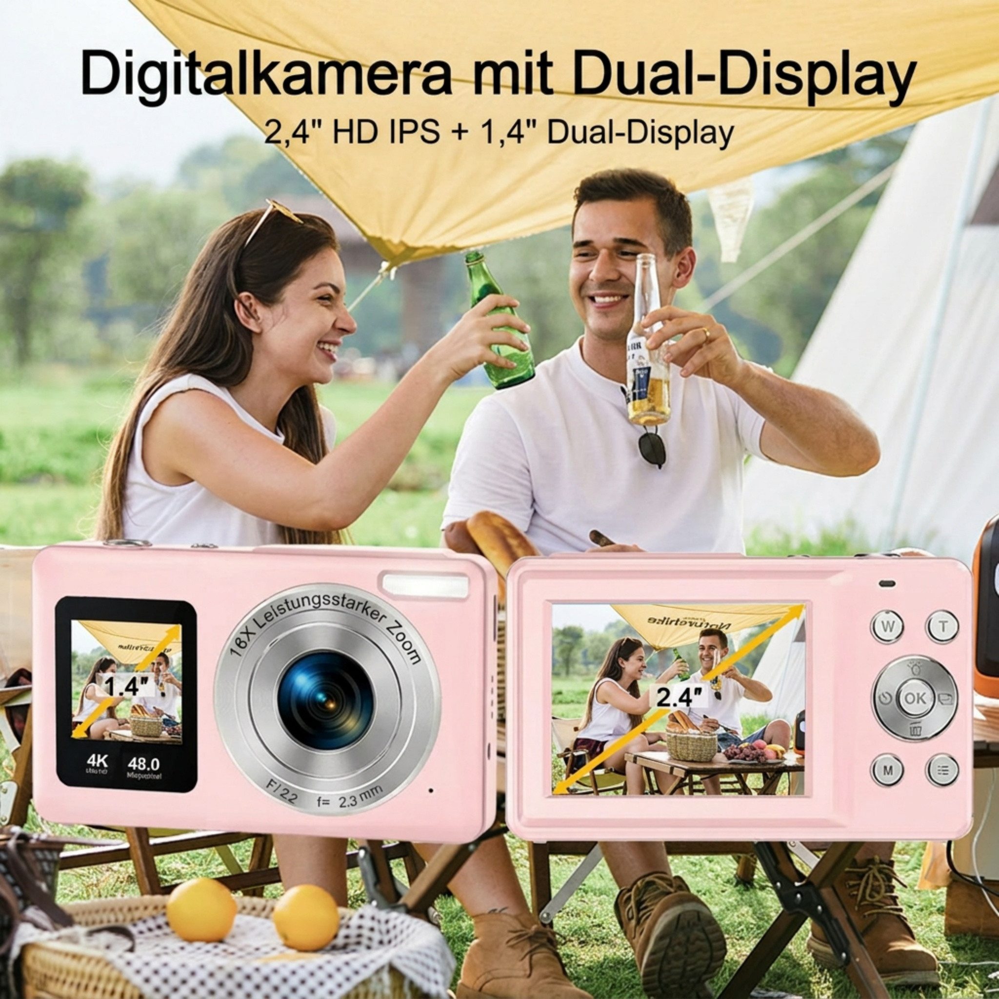Blossom Kompaktkamera 18x Zoom 4K 1080p Vlog Kamera Reisekamera Selfie Kamera Vollformat-Digitalkamera (48 MP, 18x opt. Zoom, inkl. Filtereffekten, Autofokus Dual Display Reisekamera für Urlaub Alltag Type-C)