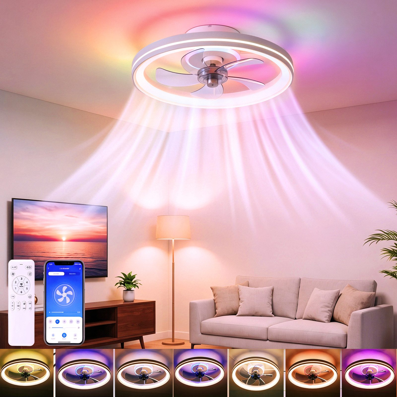 oyajia Deckenventilator 70W Deckenleuchte Dimmbar, Leise Deckenventilator 6 Geschwindigkeiten, LED Deckenbeleuchtung mit Ventilator für Wohnzimmer Schlafzimmer Küche