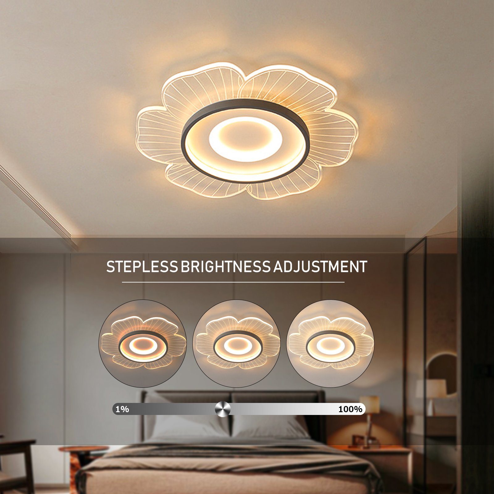 Daskoo Deckenleuchten Wohnzimmer LED Deckenlampe mit Fernbedienung Dimmbar Blütenform, LED fest integriert, Warmweiß/Neutralweiß/Kaltweiß, Stufenloses Dimmen, LED Deckenleuchte Schwarz