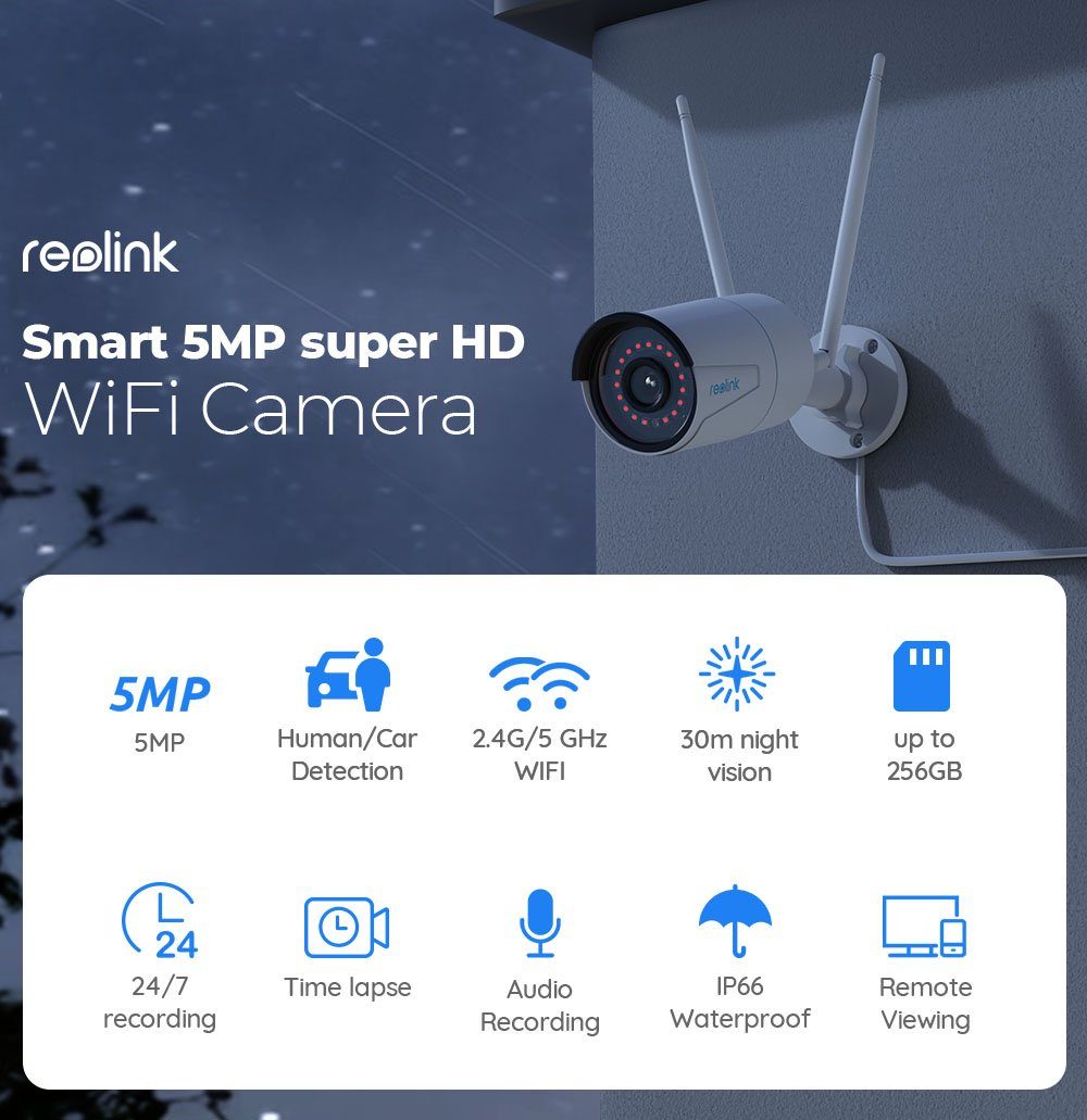 Reolink Überwachungskamera 510WA 5MP HD 2,4/5GHz WLAN IP (1-tlg., mit Audio für Aussen, 30m IR Nachtsicht, 256GB SD Kartenslot, Smarte Bewegungserkennung, Fernzugriff)
