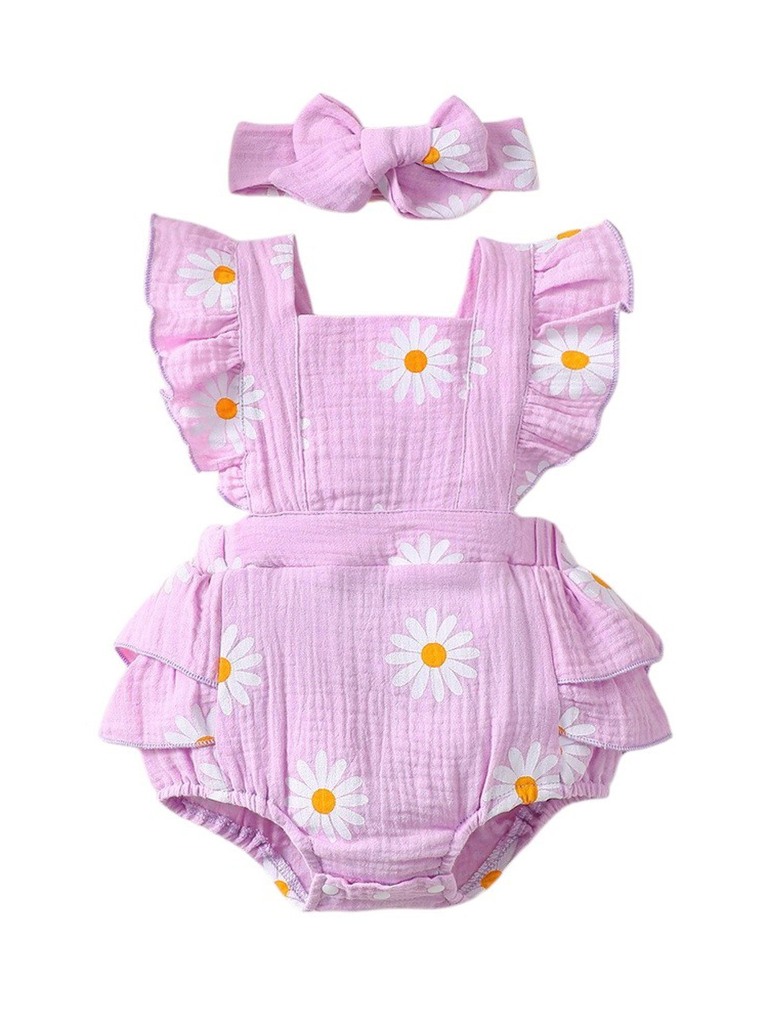 Gluckids Strampler Sommer Outfit für Babymädchen, Body mit Rüschen aus Baumwolle Haarband (Set, 2-tlg) mit Blumenmuster,Krabbelkleidung für Neugeborene, festliche Party