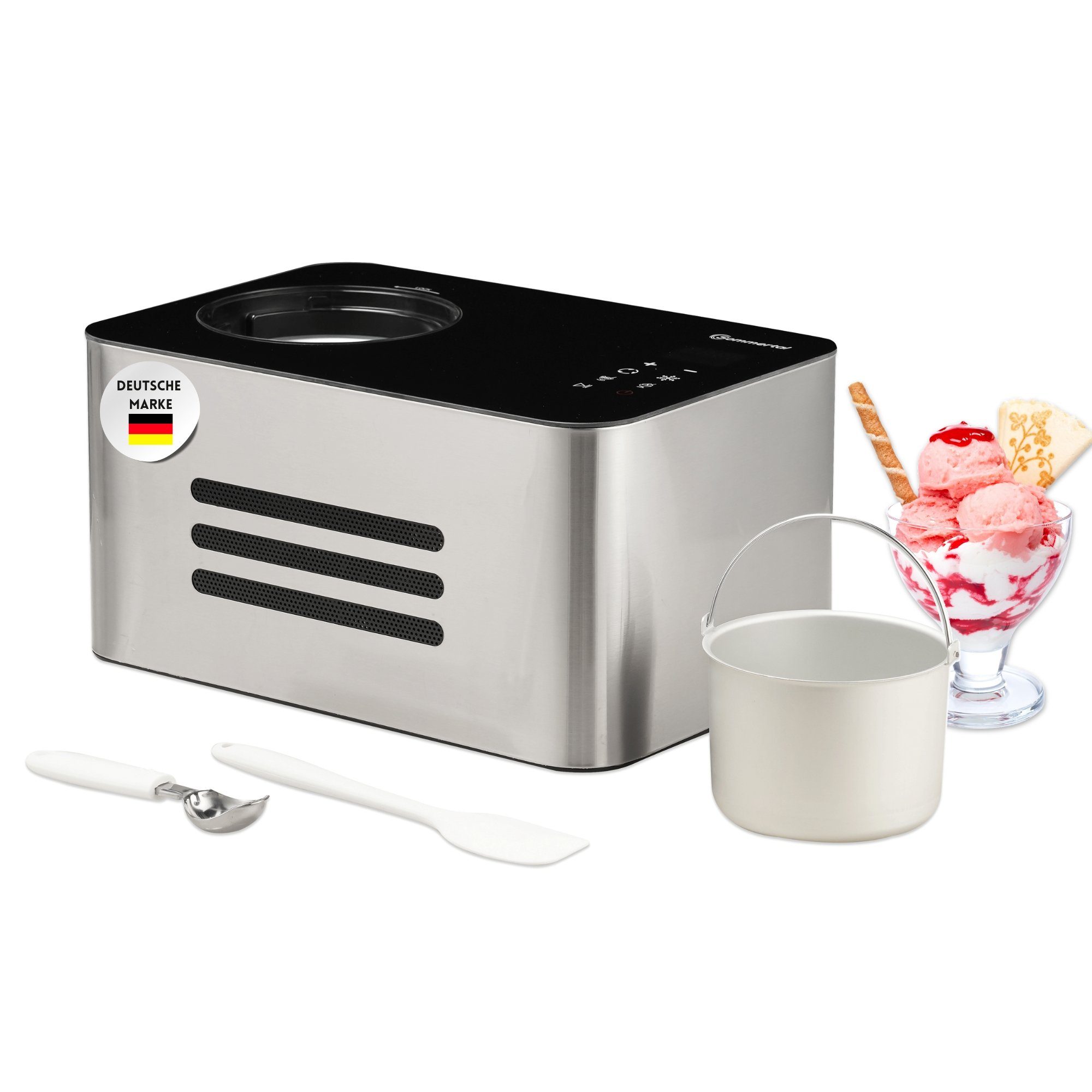 Sommertal Eismaschine Sommertal Eiscreme Maschine ICE1500 3-in-1 Eismaschine, 150 W, Milcheis & Sorbet Eiscrememaschine aus Edelstahl 1,5L 150W Kompressor