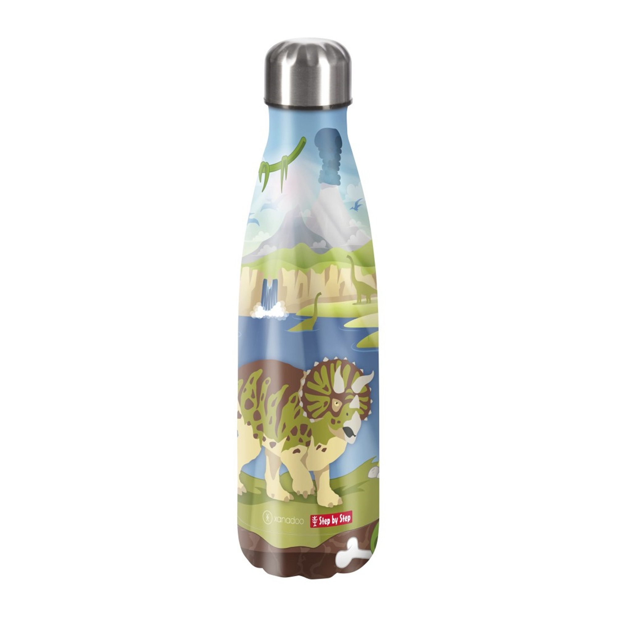 Step by Step Schulranzen Edelstahl Trinkflasche 0,5 l Dino Tres (1 Stück), Isolier-Flasche, BPA-frei, für kalte und warme Getränke