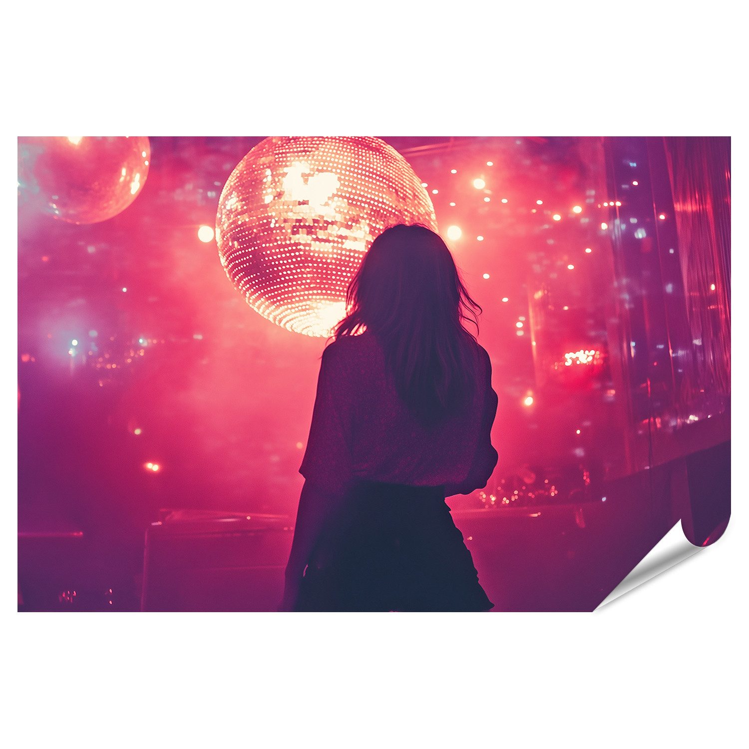 islandburner Poster Frau vor Disco Kugel in roter Beleuchtung