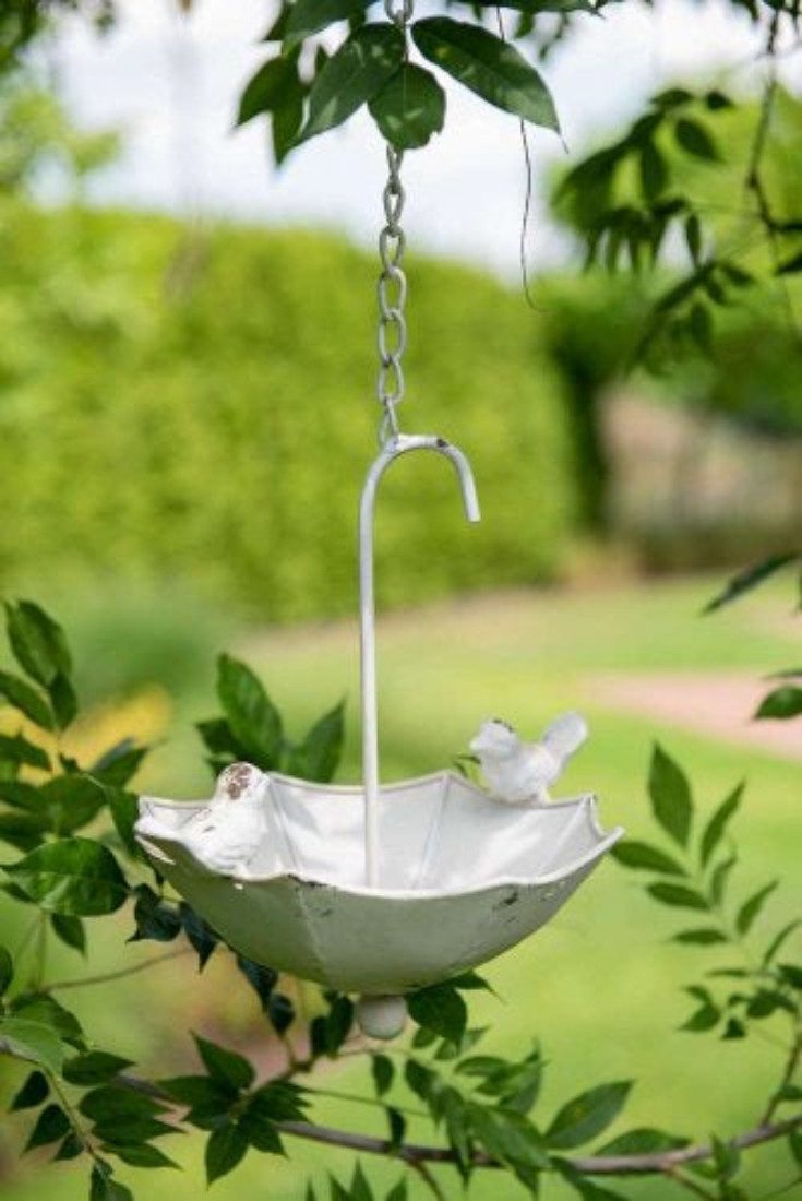 finehomegarden Vogeltränke Vogel Futterplatz Schirm/Vogel Metall 19x24cm H24cm + Kette weiß, Vintage Futterstation Garten / Paket