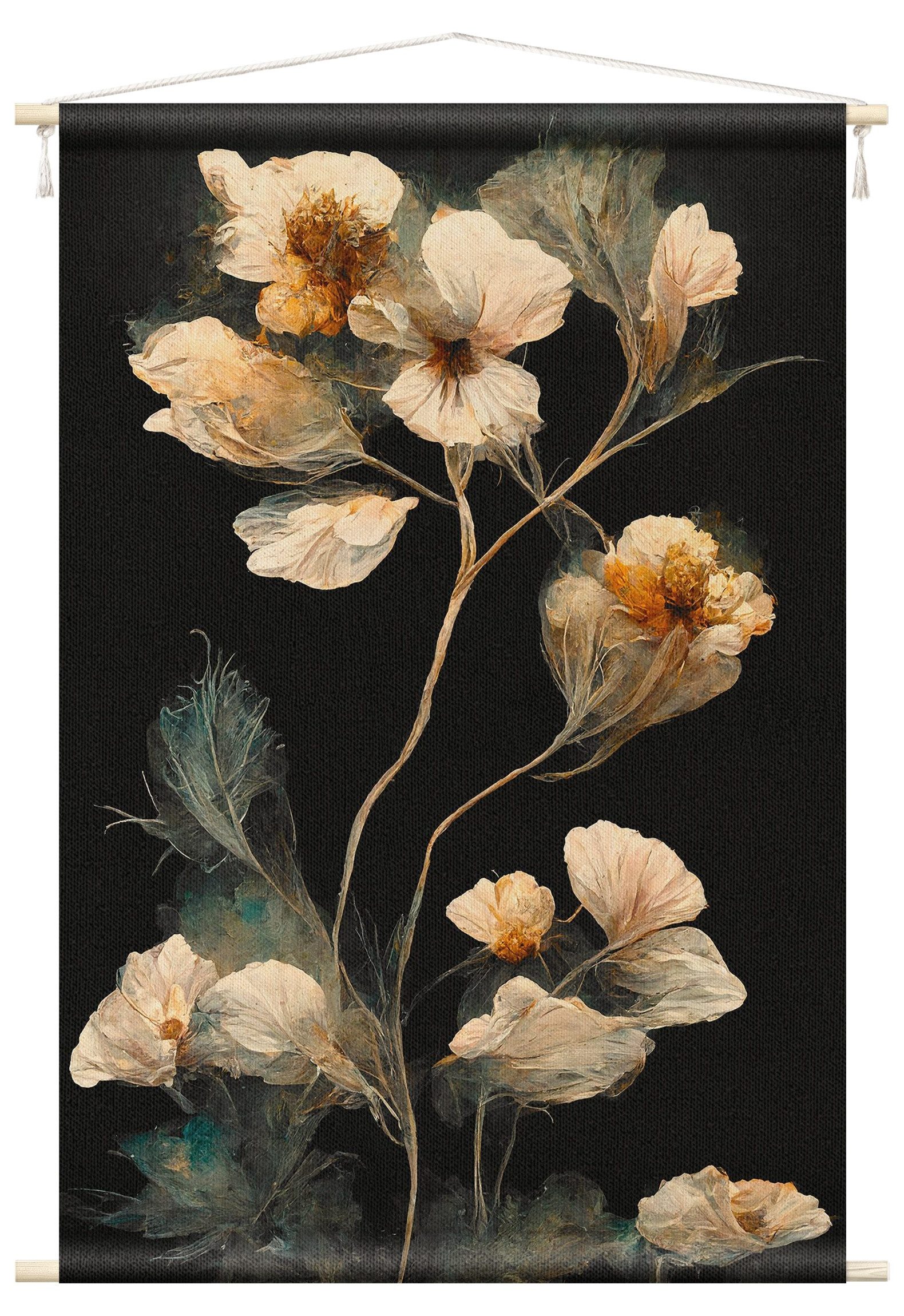 Bilderdepot24 Wandteppich modern Blumen Vintage schwarz, rechteckig, Höhe: 2.6 mm, großes Wandbild aus Natur-Baumwolle Wandbehang Stoffbild Tuch Wollseil