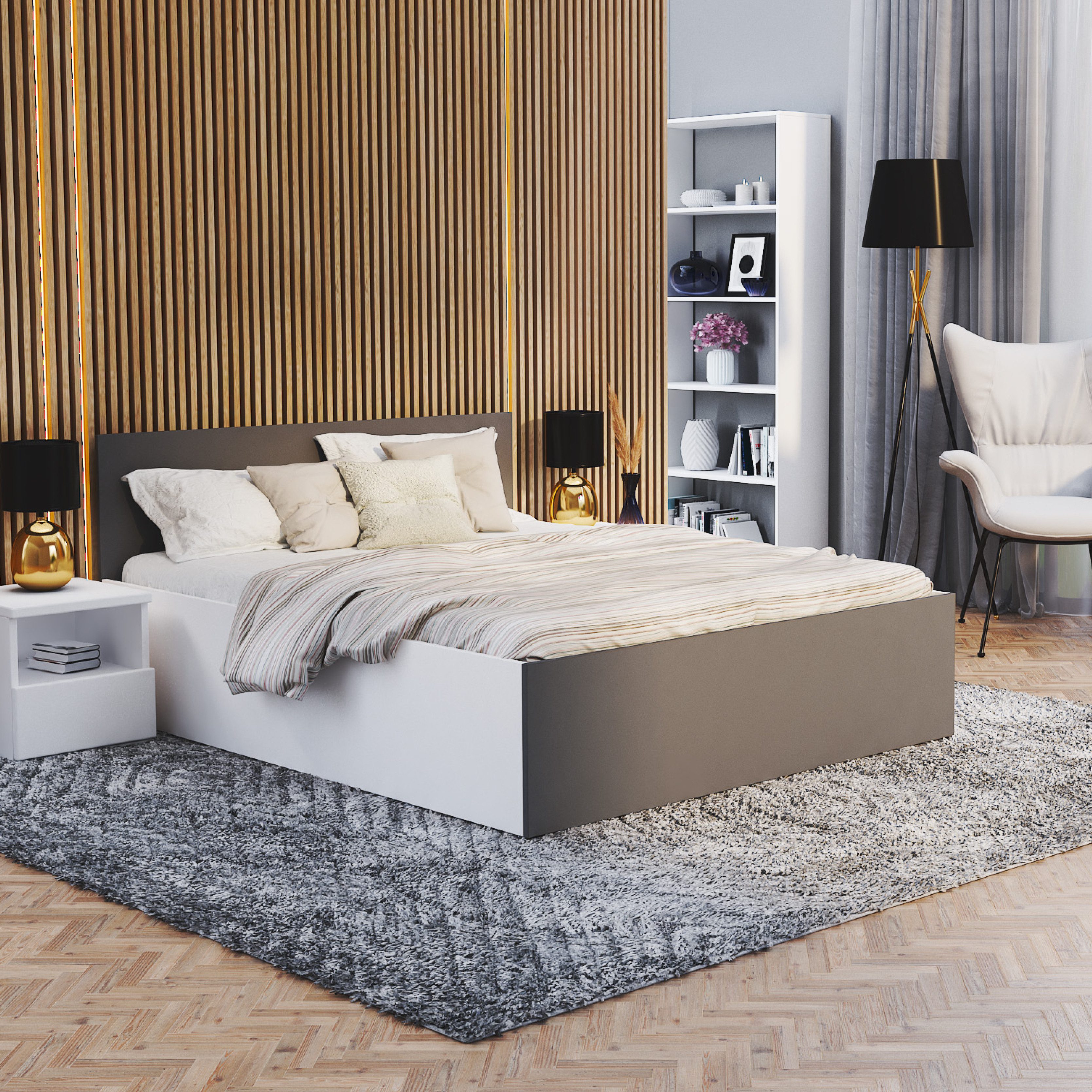 FDM Stauraumbett PANAMA SP modernes Bett Lattenrost Bettkasten pflegeleicht MADE IN EU (verfügbar 90x200 120x200 140x200 160x200 180x200cm, Bettrahmen, Bett, mit großen Kopfteil, mit Bettkasten zum aufklappen), Hebbarer Metallrahmen, mit/ohne Matratze, Li