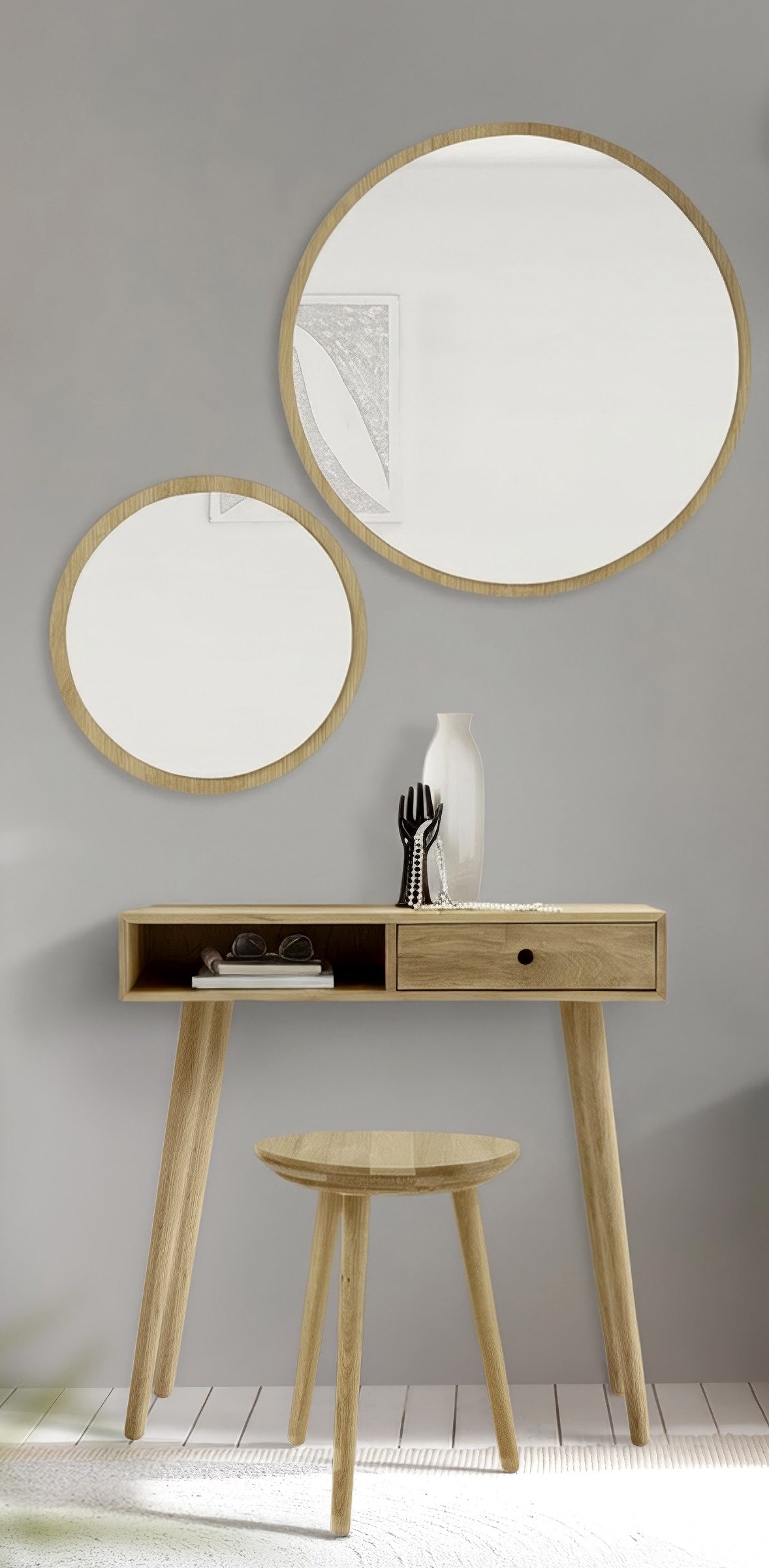 möbelando Garderoben-Set Anacortes, (4-teilig), (4-teilig) Konsele, Hocker, 2 Spiegel, in Eiche - 100x190x35 (BxHxT)