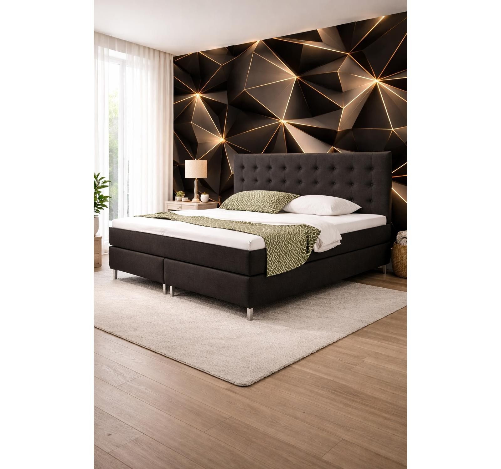 Homeline Boxspringbett Boxspringbett Köln Plus 140x200 cm Webstoff Braun/Anthrazit /Schwarz (Set Angebot), Taschenfederkernmatratze