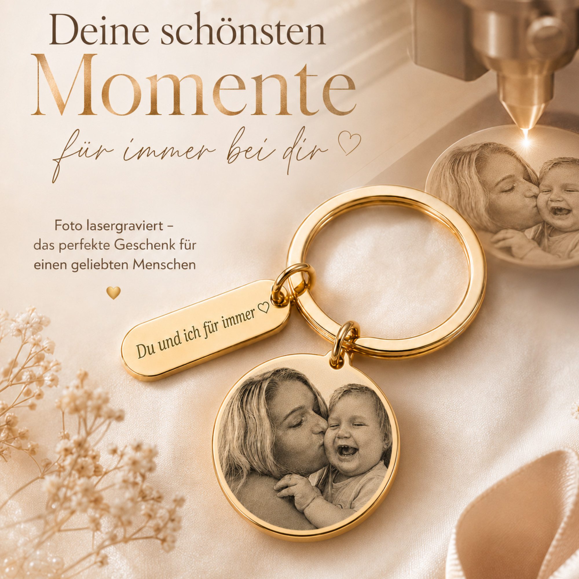 BS Schmuckdesign Schlüsselanhänger mit Gravur Foto Schlüsselanhänger personalisiert mit Gravur Anhänger mit Bild (2-tlg., Foto graviert)