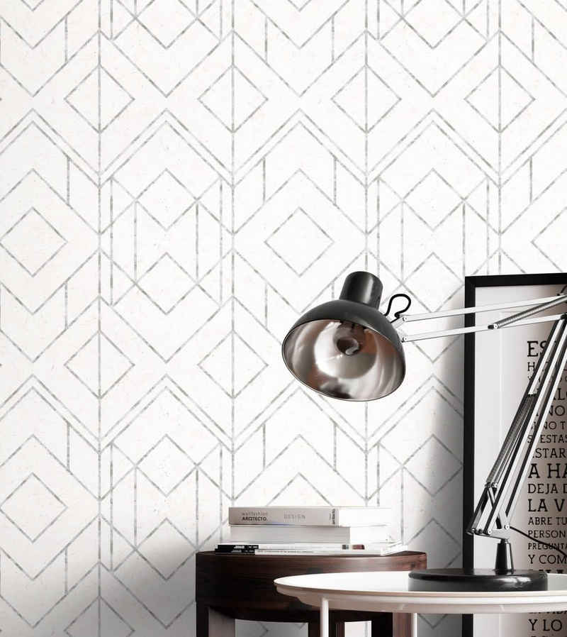 Newroom Vliestapete, Grau Tapete Grafisch Linien - Mustertapete Grafiktapete Weiß Silber Geometrisch Modern Grafik Muster für Wohnzimmer Schlafzimmer Küche