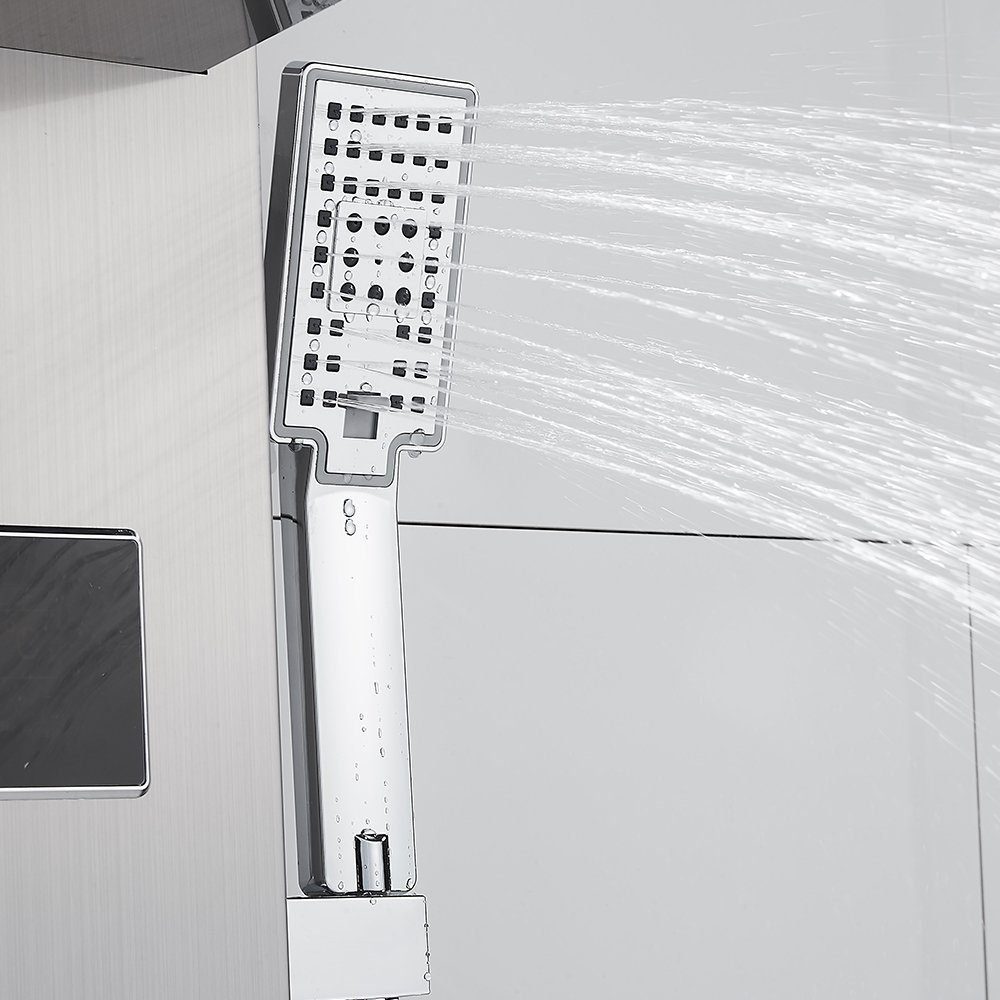 Badezimmer Stangenbrause-Set XERSEK Edelstahl Regenduschkopf Wasserfall Regendusche Handbrause, Wanneneinlauf Duschpaneel Massagedüsen, Mischbatterie für 6 Duscharmatur Strahlart(en), 4x LED