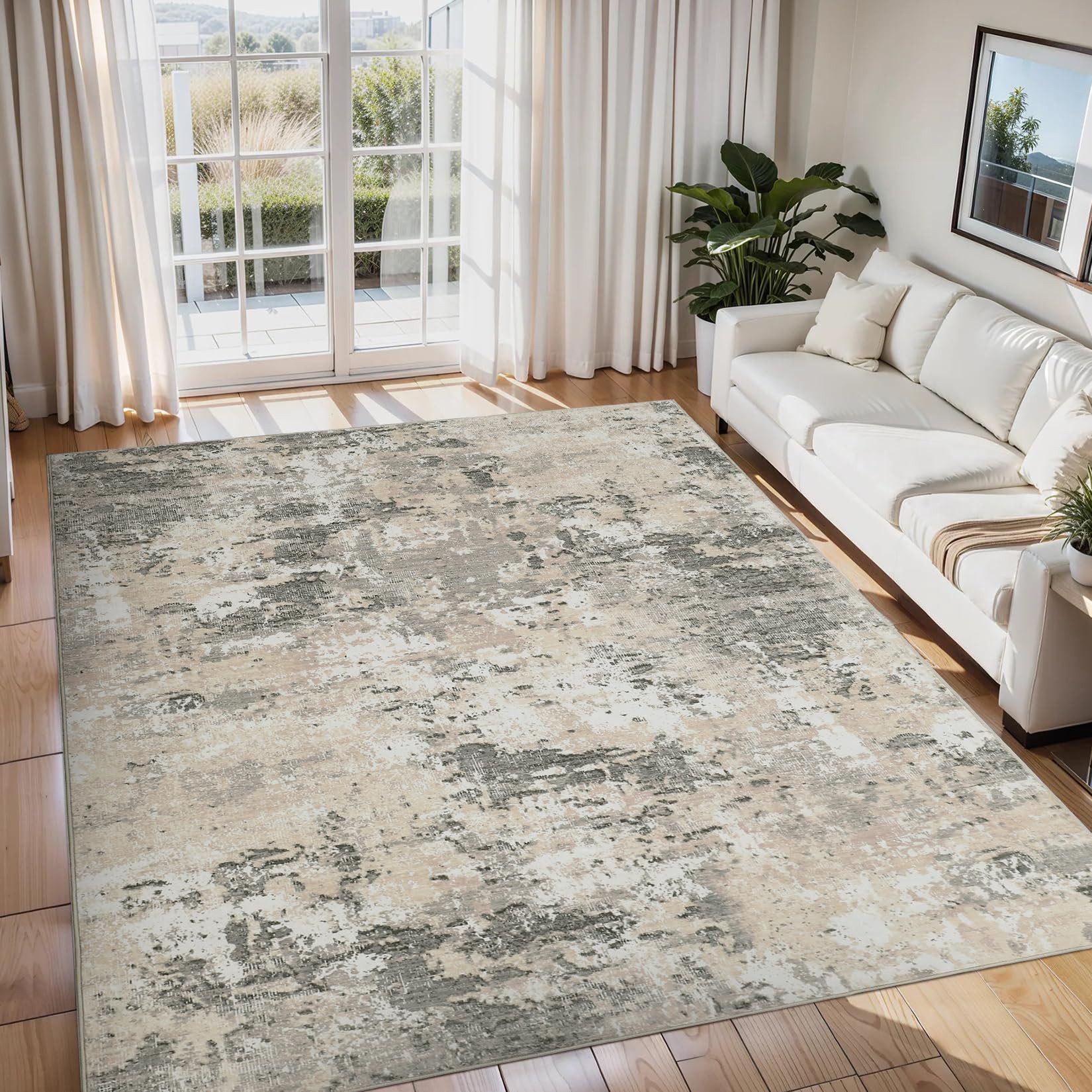 GarveeMore Teppich aus Perlvelours für Wohnzimmer & Schlafzimmer, faltbar, waschbar, rechteckig, Höhe: 5 mm, abstraktes Tuschmuster, rutschfeste Rückseite, 120x170 cm, Gelb