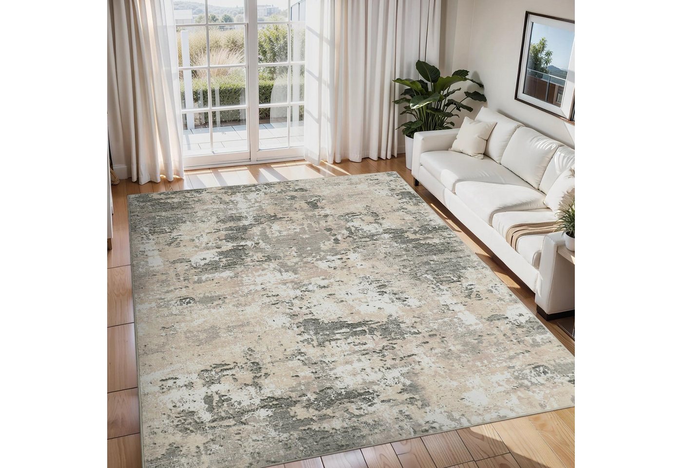 GarveeMore Teppich aus Perlvelours für Wohnzimmer & Schlafzimmer, faltbar, waschbar, rechteckig, Höhe: 5 mm, abstraktes Tuschmuster, rutschfeste Rückseite, 120x170 cm, Gelb