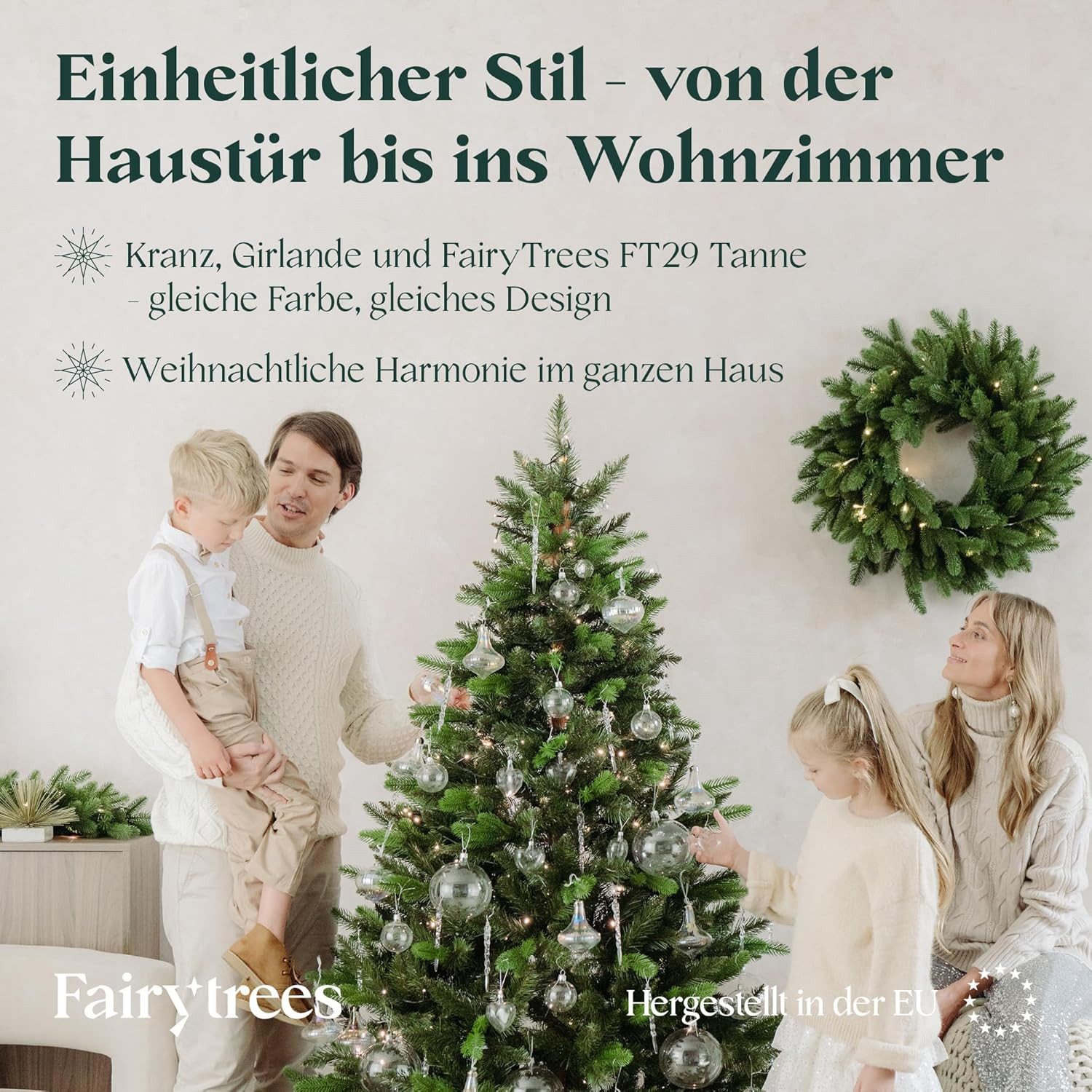 Fairytrees Hänge-Weihnachtsbaum FAIRYTREES Weihnachtskranz grün 40 cm Premium aus 100% Spritzguss, Adventskranz zum Aufhängen für Haustür, Kranz Weihnachten