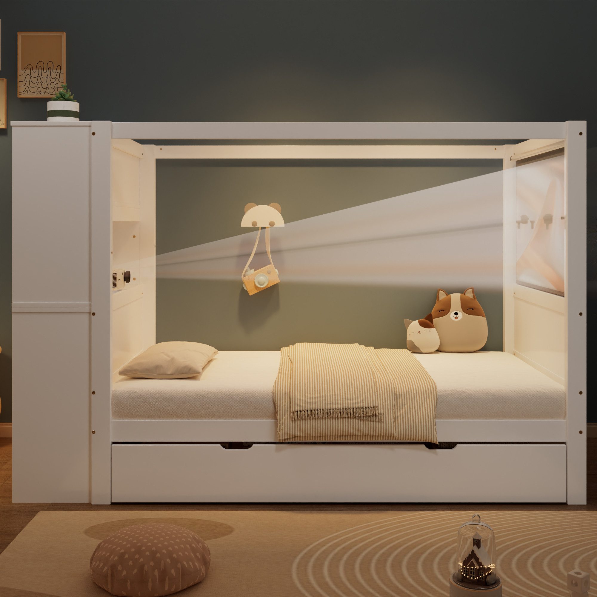 Merax Kinderbett 90x200cm mit Gitter und Lagerschrank (1-tlg., Einzelbett), Massivholz Jugendbett Hausbett mit 5 Schubladen & Unterbett-Schublade