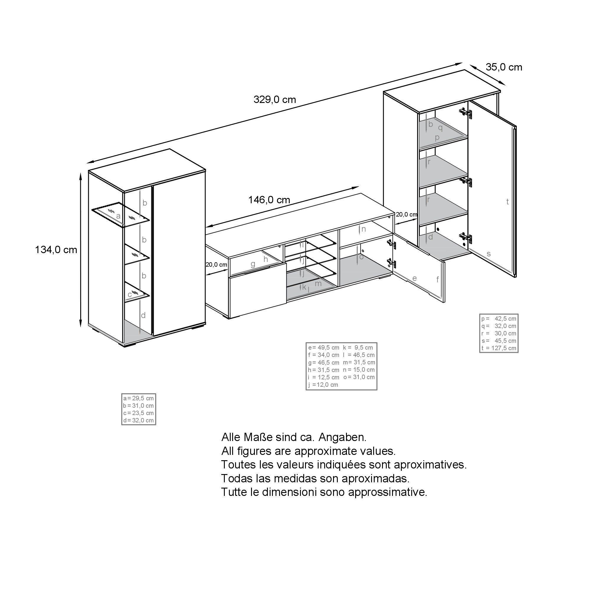 Vladon Wohnwand Davos, (Anbauwand, bestehend aus 2 Vitrinen, 1 TV-Board und LED-Beleuchtung), Weiß matt/Beton Oxid Optik (329 x 134 x 35 cm)