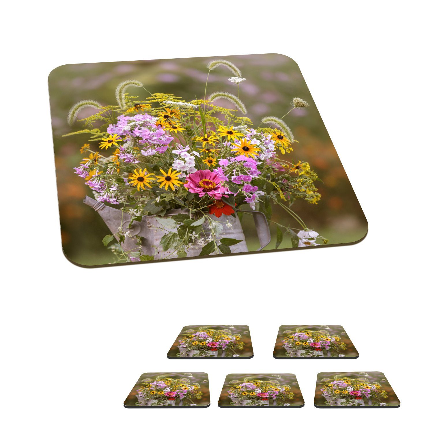 MuchoWow Glasuntersetzer Blumen - Gießkanne - Farbe, Zubehör für Gläser, 6-tlg., Glasuntersetzer, Tischuntersetzer, Korkuntersetzer, Untersetzer, Tasse